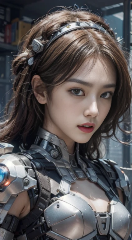 ((best quality)), ((masterpiece)), (Very detailed: 1.3), 3d, Ikaru Valkyrie Mecha, In the ruins of a forgotten war city,Beautiful cyberpunk woman wearing crown,Wearing red and blue mechas, long red hair, science fiction technology, high dynamic range (high dynamic range), Ray tracing, NVIDIA RTX, Super resolution, Unreal 5, subsurface scattering, PBR texture, post processing, Anisotropic filtering, depth of field, Maximum clarity and sharpness, multi-layer texture, Specular and albedo mapping, surface coloring, Accurately simulate the interaction of light with materials, Perfect proportion, octane rendering, Two-tone lighting, Low ISO, white balance, rule of thirds, Large aperture, 8K raw, High efficiency sub-pixel, sub-pixel convolution, light particles, light scattering, Tyndall effect, very sexy, whole body, fighting stance, black hair braid,