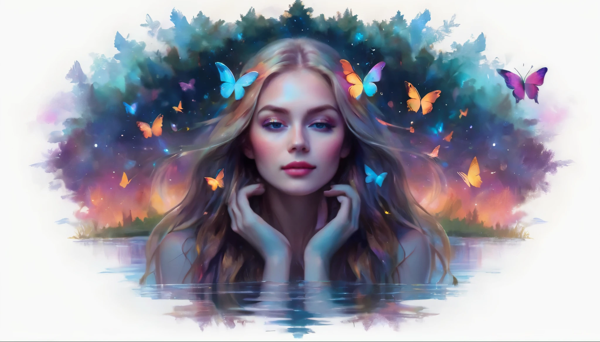 face Closeup, Cute and beautiful young girl, with long glowing blonde hair wearing long colorful glowing dress, Iridescent grass Painting butterflies flying on the water, Looking at the starry sky. It is surrounded by colorful nebulae and colorful forests.