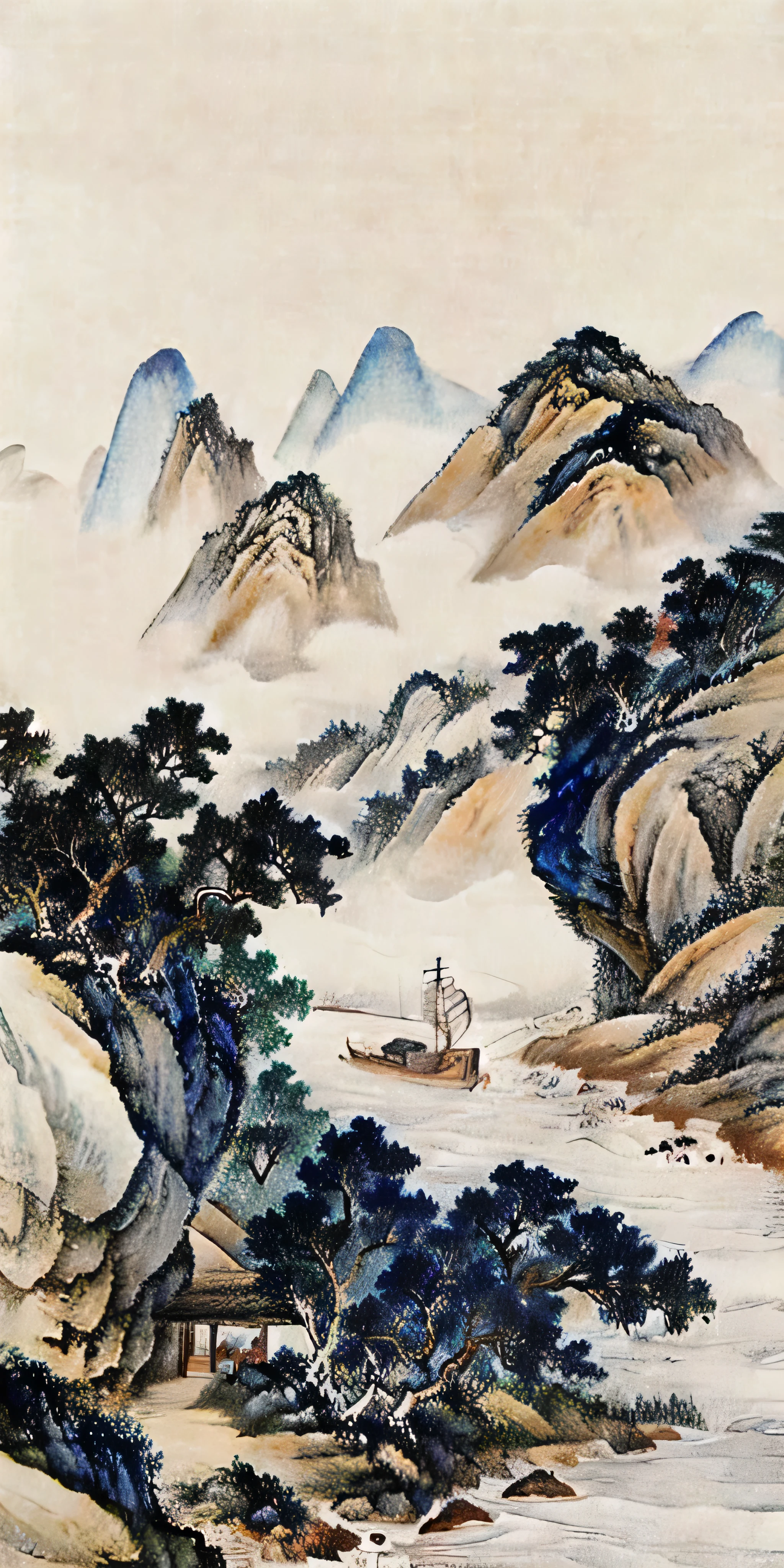 The painting depicts a boat sailing in the water，Mountains in the background, Detailed Landscape—Width 672, landscape art品, Chinese painting style, Chinese landscape, Inspired by Li Keran, Chinese watercolor style, landscape scenery, landscape art, Chiba Yudai, Chinese style, Classical landscape painting, landscape art detailed