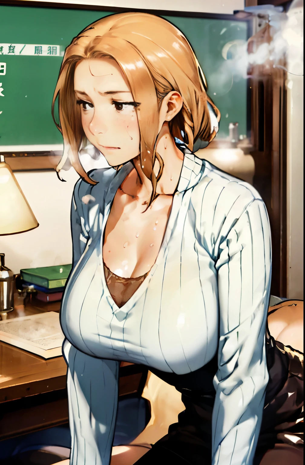 1girl in, POV, 1boy, between breasts, , Sweat, cleavage, , , Room, full of sweat, Large breasts, motion line, motion-blur, Warm summer, white shirt,Precise features and delicate expressions,huge breasts are wet,Very beautiful woman,、((trembling))、(Slim and thick ),Toned body、Composition of the whole body、Perfect human body、(((Sweat,steam, Oil,gleaming skin、realistic skin textures、Detailed beautiful skin、Shiny skin、shiny white skin)))、Boy's room、Study guidance by a private tutor、reward、darkened room、Studying、((Vertical ribbed sweater dress with open neckline)), Holding a red pen、Spread your legs in front of you、Embarrassing and embarrassed face、astonished face、Manteau blanc、Department of Science、flask、beakericroscope、science books