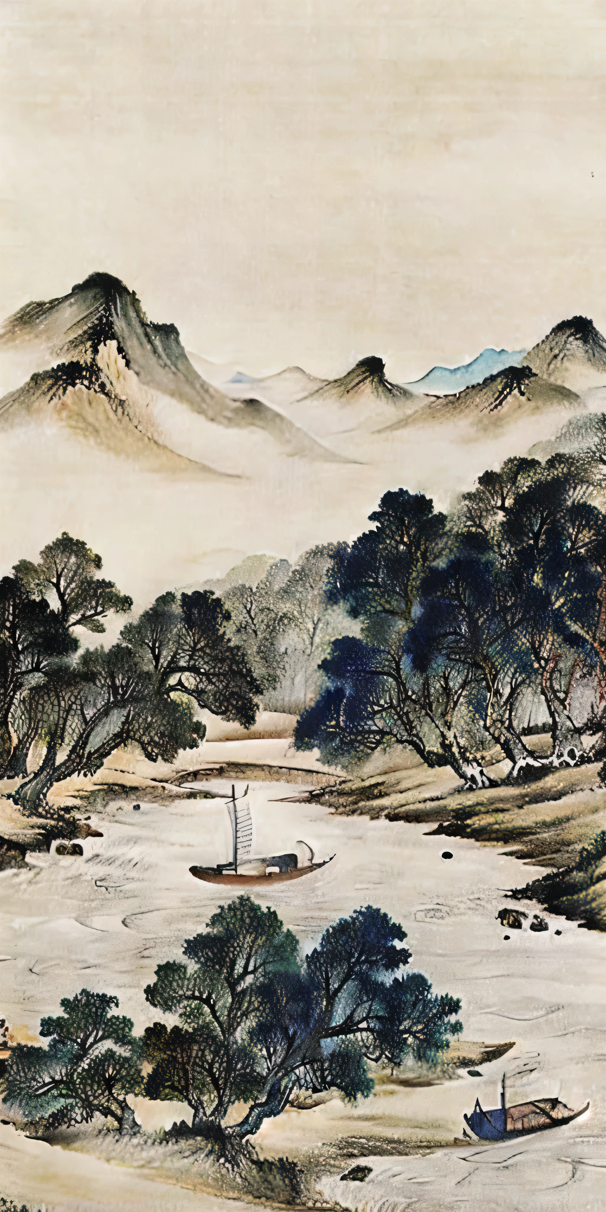 The painting depicts a boat sailing in the water，Mountains in the background, Detailed Landscape—Width 672, landscape art品, Chinese painting style, Chinese landscape, Inspired by Li Keran, Chinese watercolor style, landscape scenery, landscape art, Chiba Yudai, Chinese style, Classical landscape painting, landscape art detailed