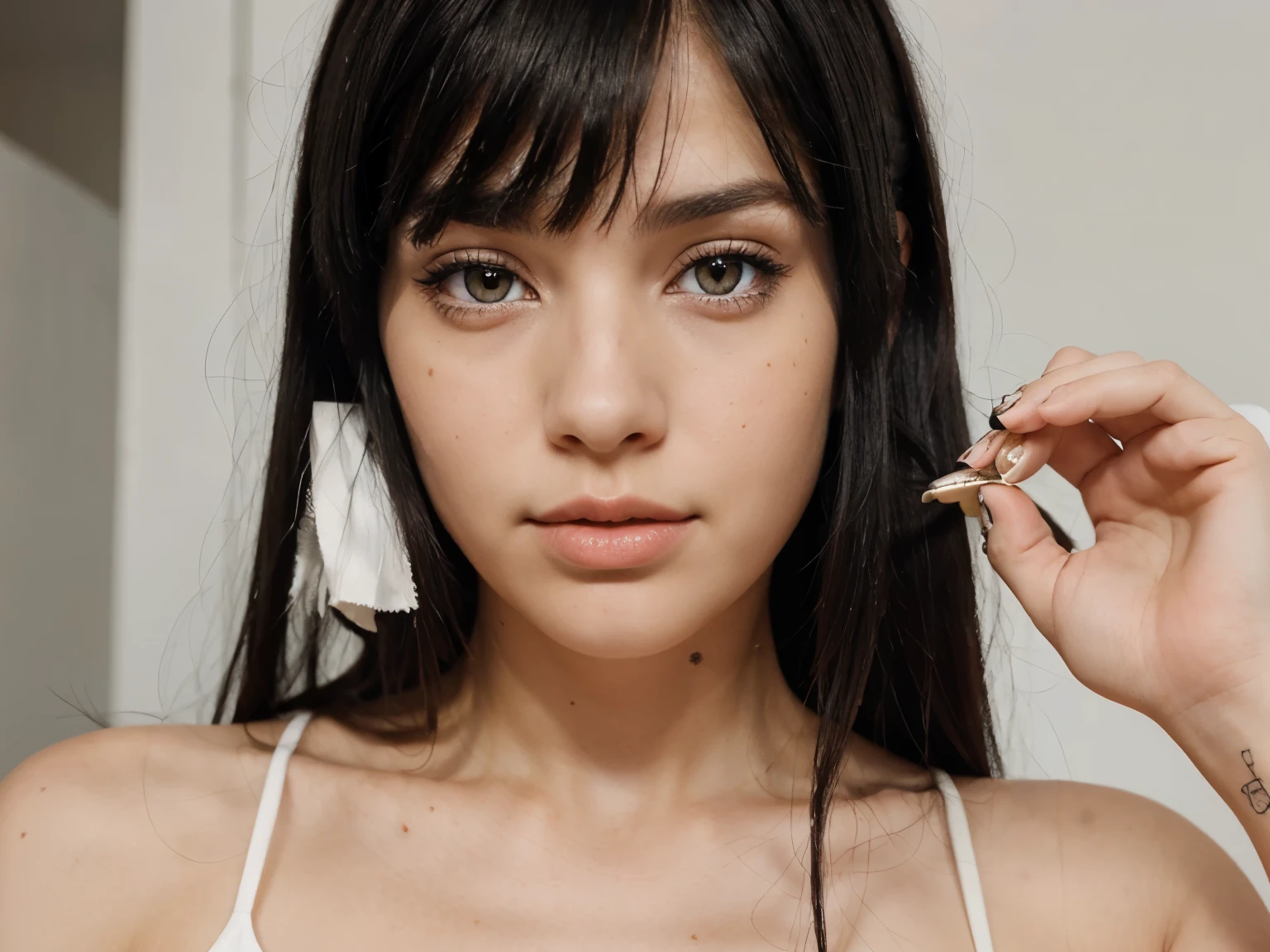 chica de piel blanca con pecas, amber eyes and long straight black hair with bangs.
