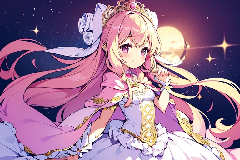 (kawaii),(best quality),(ultra detailed),(rococo style),(long train pastel pink cape:1.15), very long cape,(long train white ball gown with flower decorations:1.1), a girl is wearing a cape over her gown, 1 little princess, tiara, smile, very long hair, small breasts, beautiful detailed eyes, beautiful detailed lips