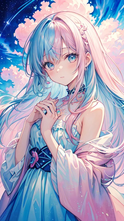 (masterpiece, top quality, best quality,watercolor (medium),official art, beautiful and aesthetic:1.2),(1girl:1.3), (fractal art:1.3), looking at viewer,patterns,(pastel colour, colorful hair,half blue and half pink hair:1.2),cloud,colorful, starry,stars,detailed face, detailed eyes, detailed hands, full body, half naked