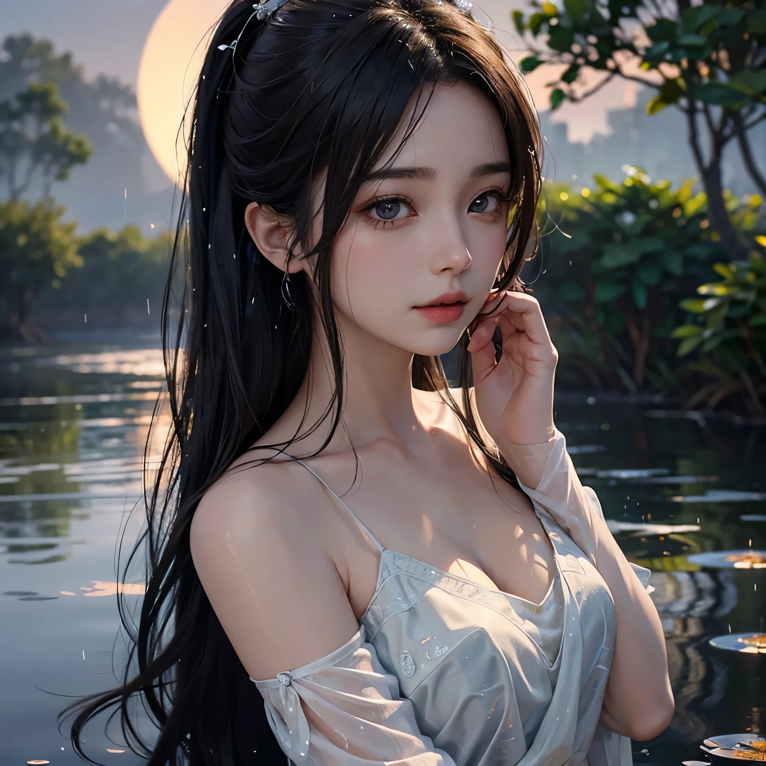 A beautiful girl is immersed in the still lake, her long hair spreading out around her in the rain. Droplets cling to her delicate hands, each one intricately detailed, as she idly poses for a drawn portrait. In the night, the full moon casts a perfect, ethereal glow over her face, highlighted by the soft light of the scene. The rain creates ripples on the water's surface, adding to the serene and dreamlike atmosphere. This digital art piece showcases the intricacies of anime style and realistic details, capturing the perfection and cuteness of her facial features. The reflective water adds an extra layer of intrigue to the already detailed scene. The