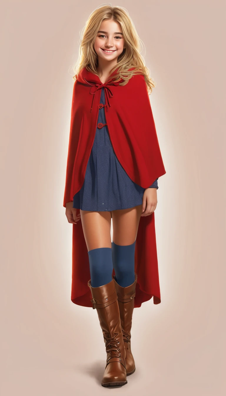 a slight, happy girl in her s. she has golden hair and brown eyes. she is wearing a red tunic with a vest, cape, leggings and boots. digital art style
