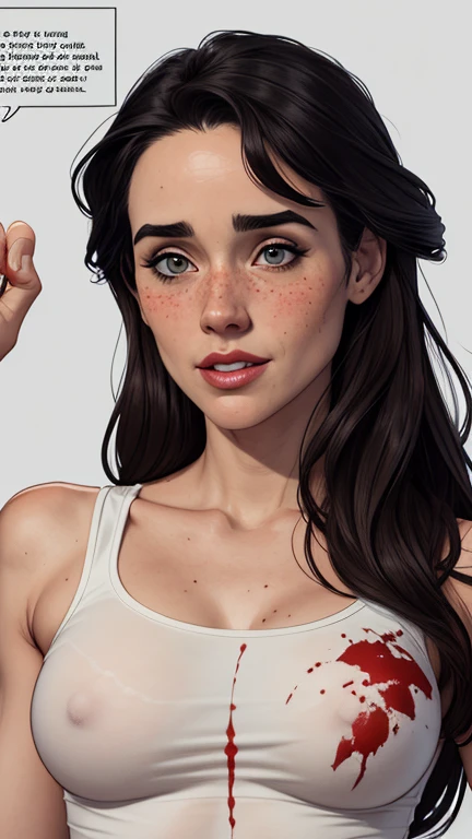Character style illustration style Completely bare breasts showing small fear Breast size Cartoon name: Isabella Cruz white background medium breasts freckled face Jennifer Connelly actress strong contours Physical description - long straight hair, tingidos de um marrom vibrante que contrasta com sua pele clara. - You reflect a mix of curiosity and determination. - Ela tem uma estatura alta, with a slender and agile figure, evidenciando sua agilidade e destreza. -fundo colorido Design de personagens de retrato, beautiful digital illustration, retrato de alta qualidade, Arte em quadrinhos, Corpo inteiro sensualizando ou pelada. folha de retorno. return sheet member clothes of the day hell day expression of hate and blood on the face lots of blood