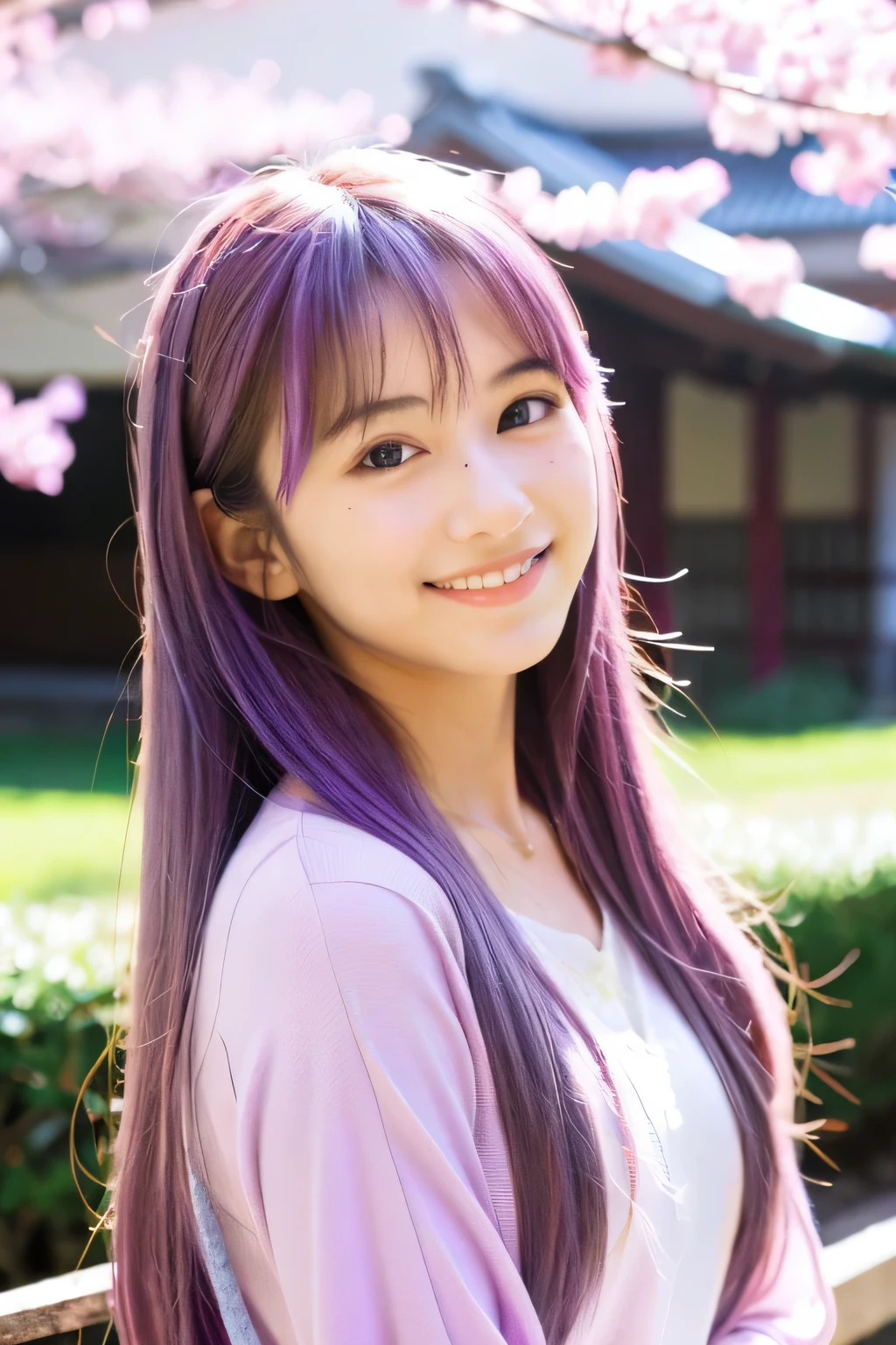 age girl, long hair, Japanese, idol, light purple hair color, smiling slightly, natural sunlight, cool outfit, cute, image is 4K resolution, more detailed, real