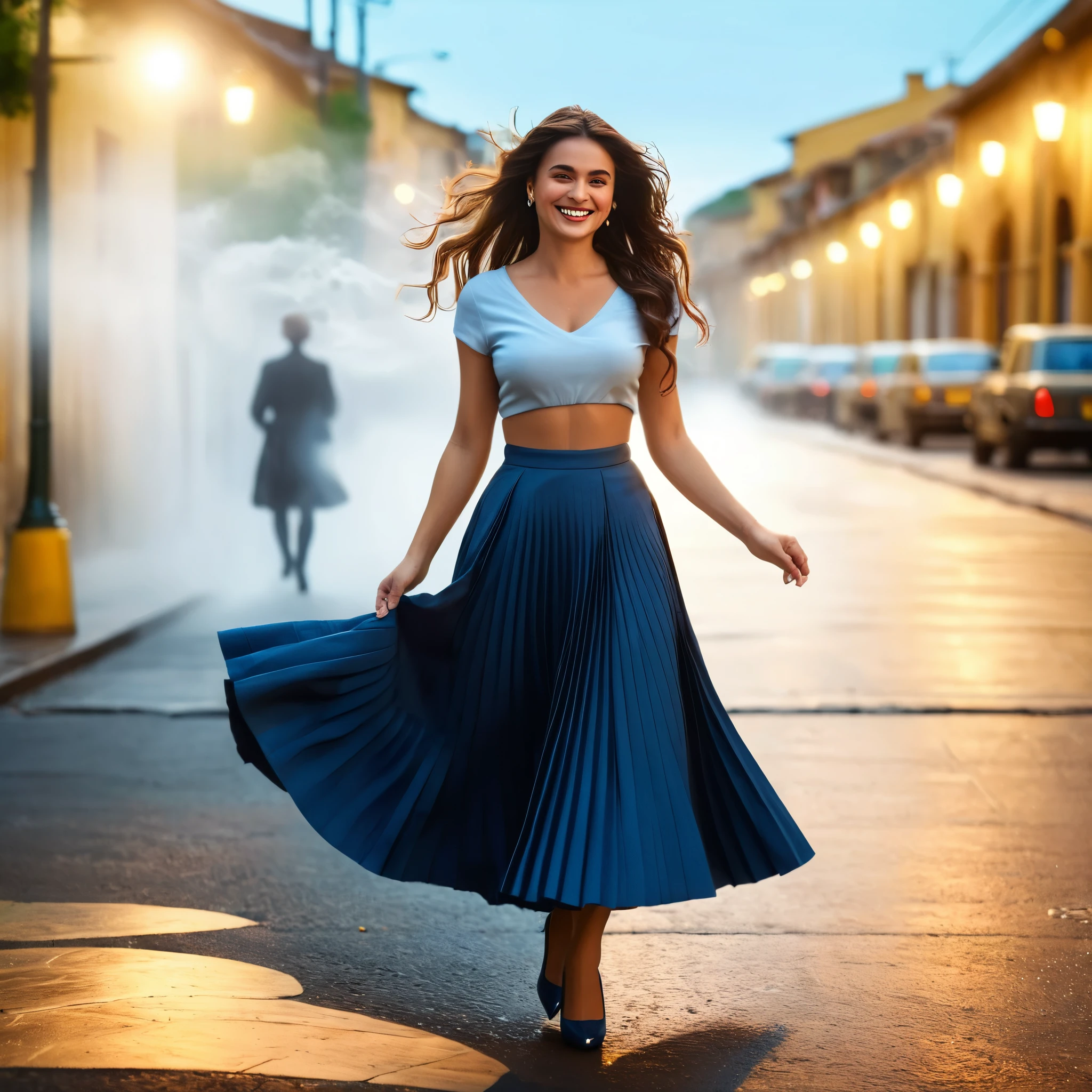 (authentic:1,1) (shy:0,9) (smiling:0,4) woman wearing (long (pleated) full circle skirt) and (low heeled office shoes), very intricate hyper-detailed symmetric (attractive graceful feminine face) with (sad, tired eyes and shy smile), large breasts, full of empathy and compassion and love, (pronounced (feminine) features), (highly detailed ultra accurate realistic) hands and fingers, (windy conditions and wind blowing), epic composition, highly detailed attributes, extremely high quality RAW photograph, true romantic love, high-angle shot, cinematic shot, dynamic lighting, 75mm, Technicolor, Panavision, cinemascope, sharp focus, fine details, 8k, HDR, realism, realistic, key visual, film still, superb cinematic color grading, depth of field