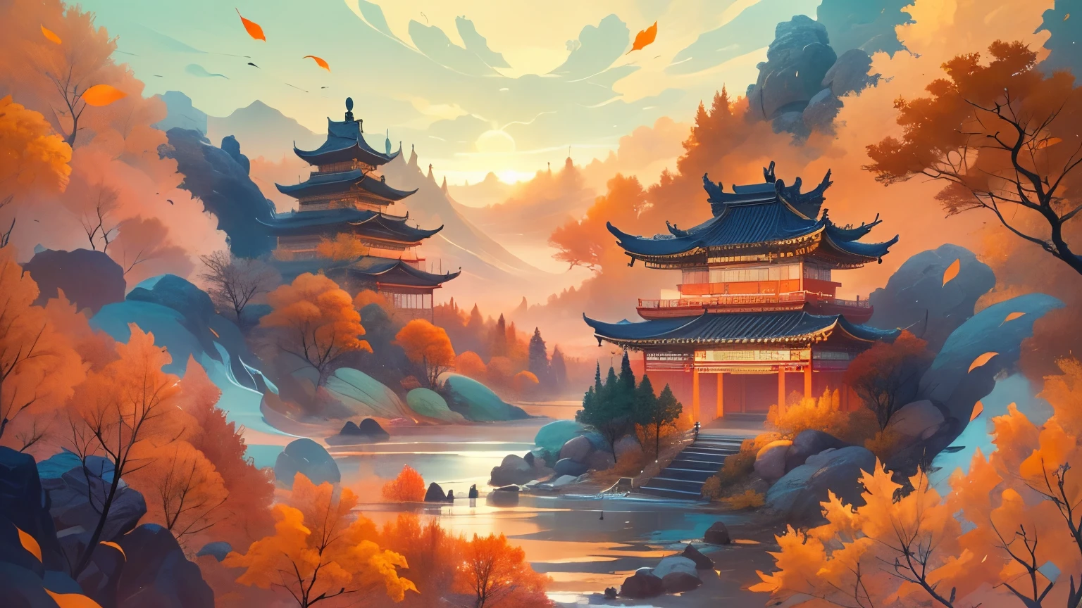 (masterpiece, best quality: 1.2), Shumuzuma, negative space, Ink Bismuth, ink painting, Colorful, traditional Chinese, Mountain, trees, (Smile), looking at the audience, saturation, bright colors, neon,(Chinese landscape), (it is, amy saul style), (autumn, autumn的树叶, fallen leaves, Sunset, architecture), cover art with light Abstraction, Abstract, Simple vector art, Chinese contemporary art,Cantonese culture,Chinese architecture, color gradient, pastel color palette, layered form, whimsical animation, style Ethereal Abstract, 4K, --v6,Ultra-high-detail CG images
