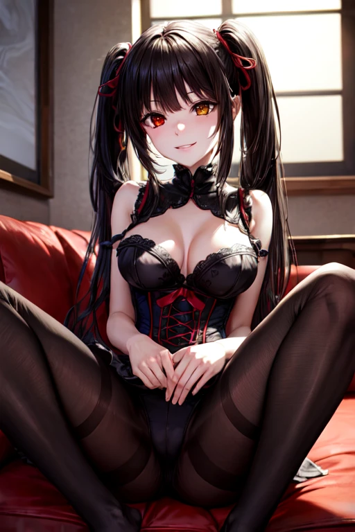 kurumitokisaki, tokisaki kurumi, clock eyes, black hair, twintails, (red eyes:1.2), (yellow eyes:1.2), heterochromia, (medium breast:1.3), grin smile, BREAK looking at viewer, BREAK living room background, BREAK (masterpiece:1.2), best quality, high resolution, unity 8k wallpaper, (illustration:0.8), (beautiful detailed eyes:1.6), extremely detailed face, perfect lighting, extremely detailed CG, (perfect hands, perfect anatomy), corset:1.5, sitting on sofa:1.4, spread legs:1.4, tilted backwards:1.4, show feet:1.4, black pantyhose:1.4