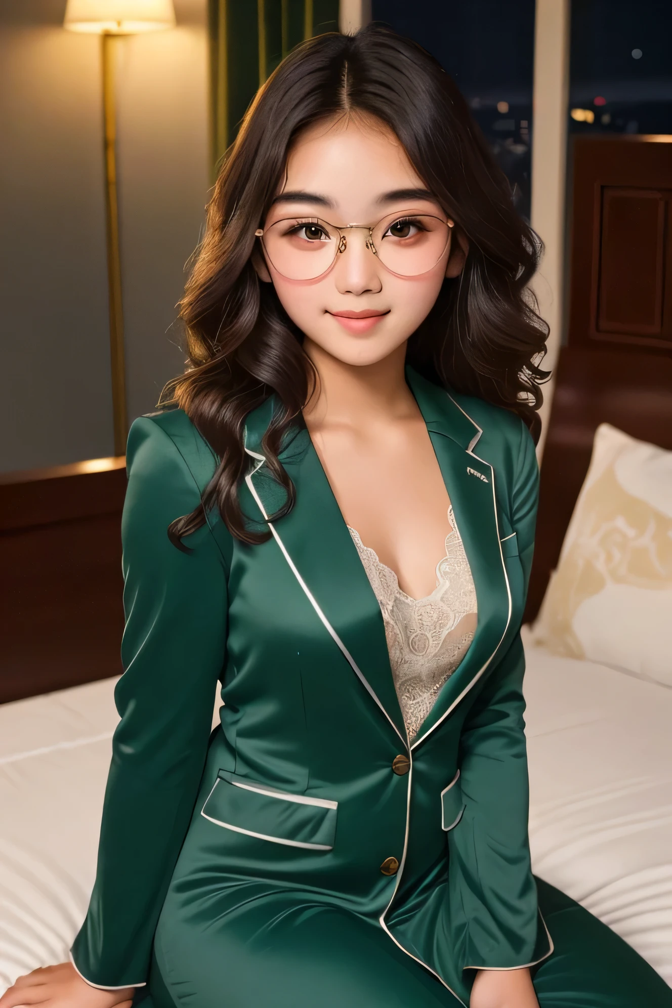 ((best quality)), ((masterpiece)), (detailed), perfect face Detailed face of half body photo. 16 year old Indonesian girl with a sweet chubby face, big round face flat stomatch and long brown wavy hair, round glasses, wear a luxury green night gown blazer model while sitting in luxury bedroom with low lightning