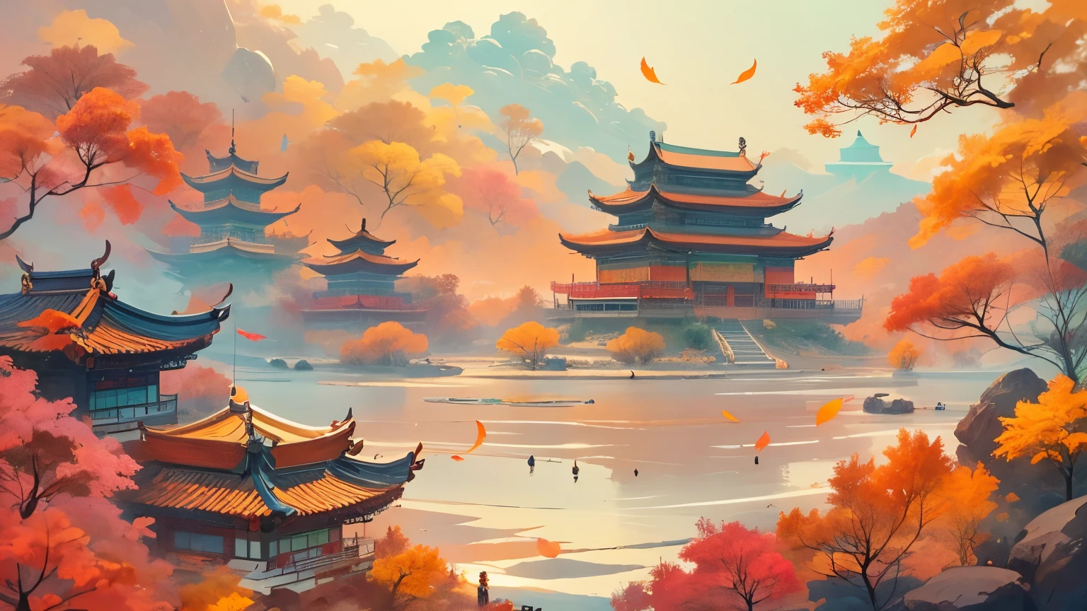 (masterpiece, best quality: 1.2), Shumuzuma, negative space, Ink Bismuth, ink painting, Colorful, traditional Chinese, Mountain, trees, (Smile), looking at the audience, saturation, bright colors, neon,(Chinese landscape), (it is, amy saul style), (autumn, autumn的树叶, fallen leaves, Sunset, architecture), cover art with light Abstraction, Abstract, Simple vector art, Chinese contemporary art,Cantonese culture,Chinese architecture, color gradient, pastel color palette, layered form, whimsical animation, style Ethereal Abstract, 4K, --v6,Ultra-high-detail CG images