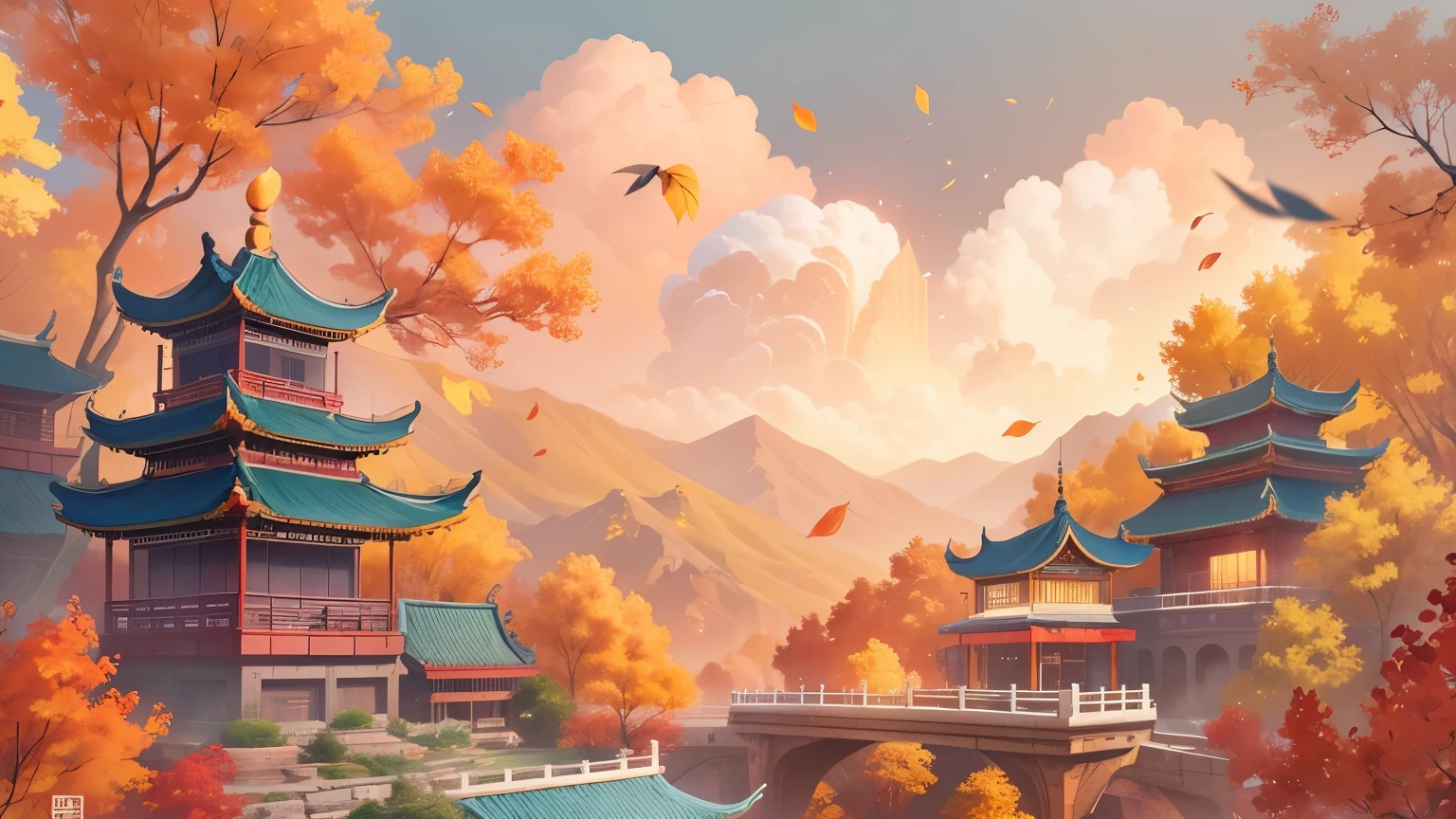 (Chinese landscape), (it is, amy saul style), (autumn, autumn的树叶, fallen leaves, Sunset, architecture), cover art with light Abstraction, Abstract, Simple vector art, Chinese contemporary art,Cantonese culture，Chinese architecture， color gradient, pastel color palette, layered form, whimsical animation, style Ethereal Abstract, 4K, --v6，Ultra-high-detail CG images