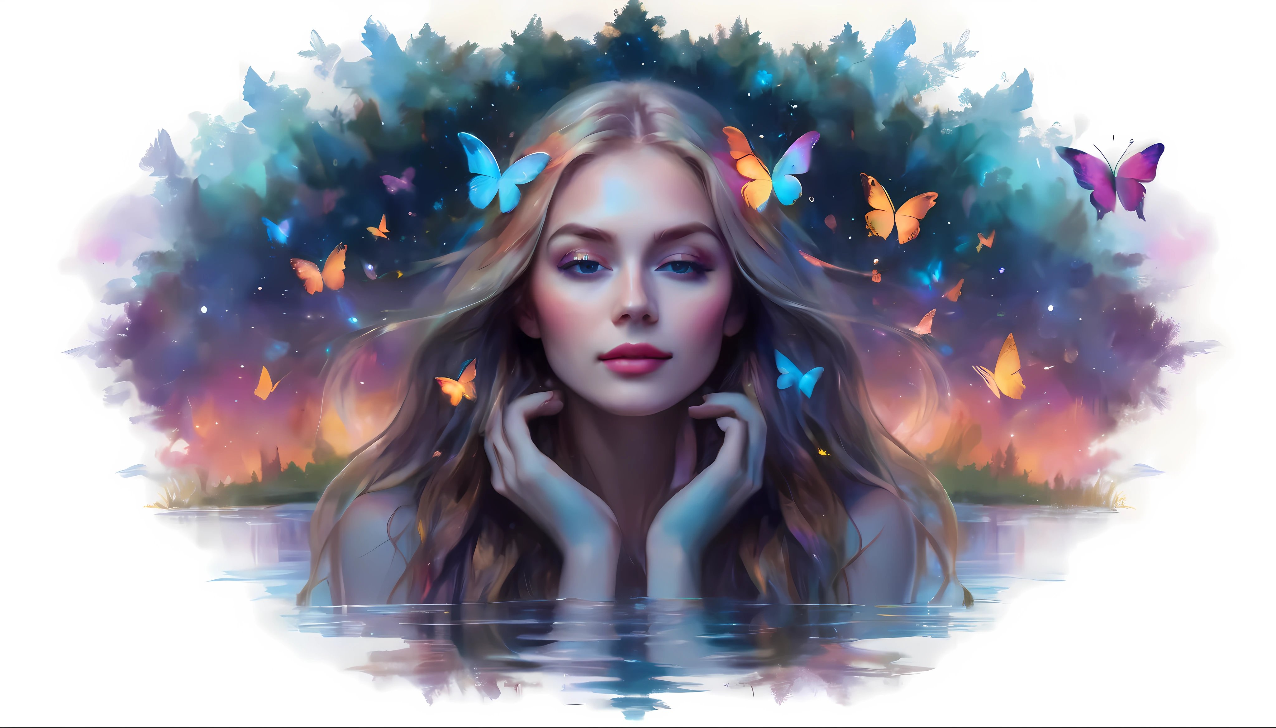 face Closeup, Cute and beautiful young girl, with long glowing blonde hair wearing long colorful glowing dress, Iridescent grass Painting butterflies flying on the water, Looking at the starry sky. It is surrounded by colorful nebulae and colorful forests.