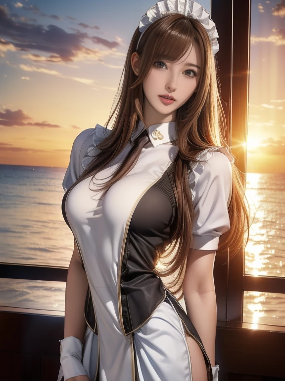 (8ก, Highest quality: 1.2), Extremely detailed, thorough resolution, (realistic, realistic photo: 1.37), Portrait, high definition RAW color photograph, professionally arrested, high definition and beautiful, high definition, 8ก Image wallpaper, Amazing details, Big file size, highly detailed beautiful girl, Extremely detailed face, (Finely defined super beautiful eyes:1.8), The nose has a precise shape., expressive lips,(sunset,grand maison, seaside restaurant background:1.2) , one story, cute girl, realistic、 (Cinematic scene,Fantasy Art,Best Quality,High quality,High Definition,high quality texture,high detailing,Beautiful detailed,fine detailed,extremely details CG,Detailed texture,realistic representation of face,masutepiece,presence,Dynamic,Bold),1gir,Ultra detailed skin,Curve,(coverd nipple:0.8),Beautiful breasts,small breasts,pale skin,pointed breast,Erect nipples,(Ultra Thin hair),(Ultra Soft hair),(ultra straight hair),Swept long bangs,very light coppery amber hair,Hair over one eye,very skinny body,smart abs,(sexy maid uniform:1.5),