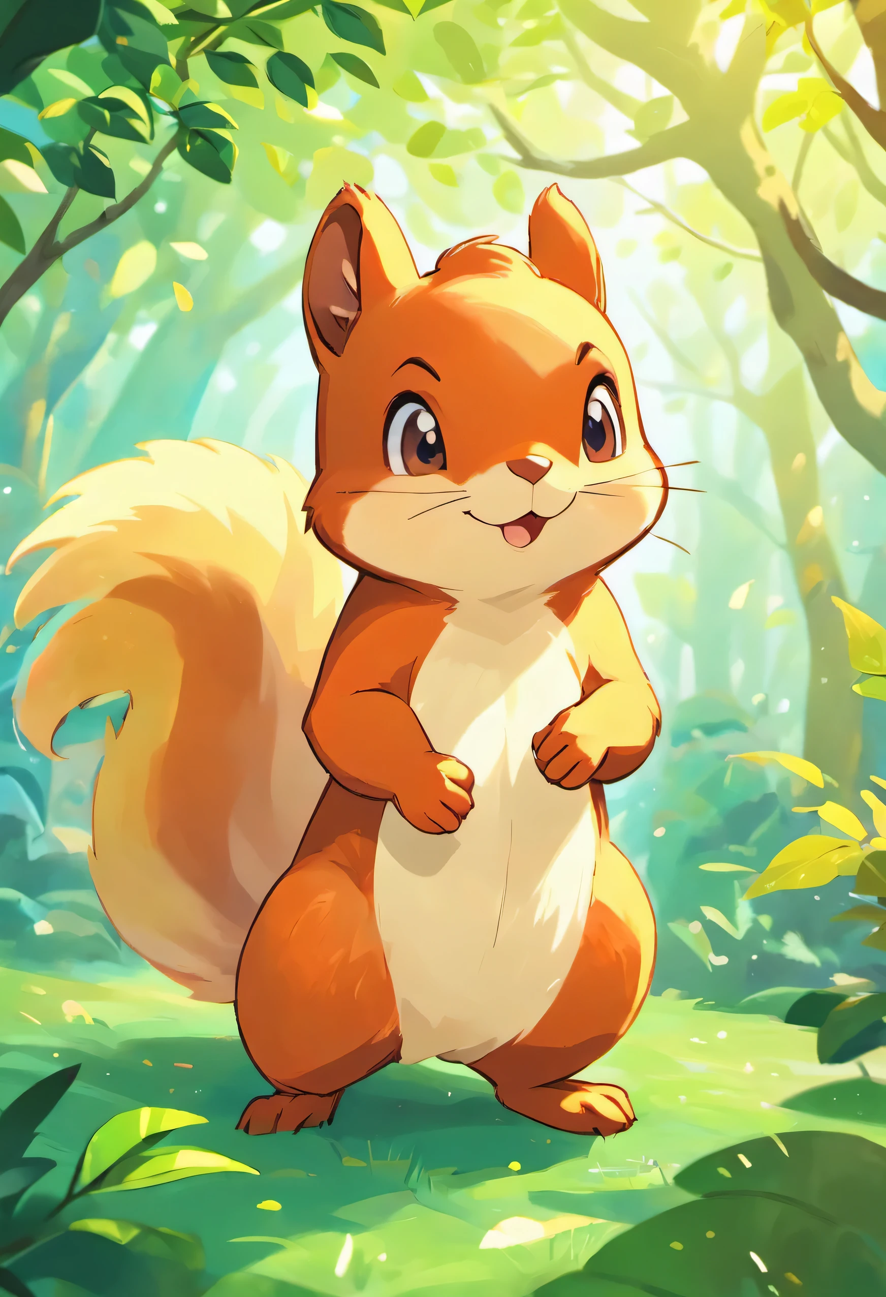 (best quality,ultra-detailed,highres:1.2), realistic,Sammy the Squirrel,squirrel with a mischievous grin,rainbow tree,illustration,playful,textured fur,whimsical environment,soft lighting,vivid colors, foliage, lush greenery,sharp focus,wide-eyed squirrel Note：This theme was generated based on my introduction，You can follow the format and style of this example，Generate prompts for other topics。
