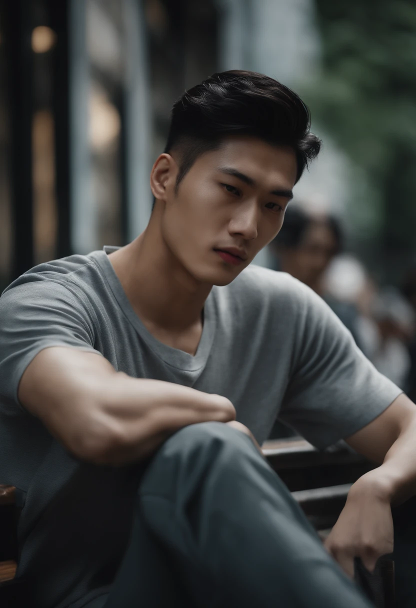 A 20-year-old、Photos of tall and thin Asian men, outdoors, gray short sleeves, trousers, Street benches,Sit comfortably,Helpless facial expression.