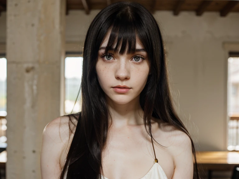 Pale skin Russian girl with freckles and yellow eyes with long straight black hair with bangs.