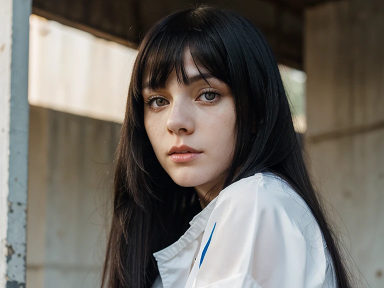 Pale skin Russian girl with freckles and yellow eyes with long straight black hair with bangs.