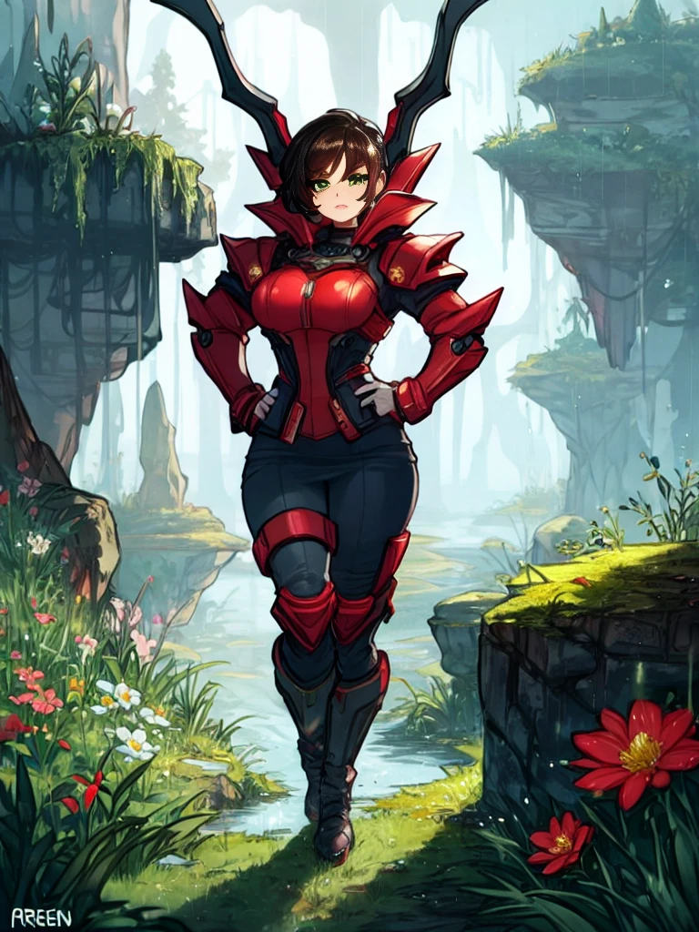 {masterpiece, highly detailed, detailed eyes, expressive detailed eyes, detailed pupils, a full body cartoon of a lonely solo mature human woman in a red armored biker suit, green eyes, brown hair, }
exploration on the surface an organic alien world, alien world, alien planet surface, inspired by talon IV surface of Metroid prime, talon IV surface, grey sky, dull, misty, overcast sky, rain, mountain, intricate environment - n 9, overgrown with nature, bioorganic nature, lush alien landscape, inside an alien jungle, scenery, flower, tree, nature, outdoors, water, downpour, cloudy sky, forest, grass, rock, standing, solo, moss, light particles, plant, flower, ruin of civilization alien, ruin of old civilization, a vestige alien structure in background, inspired by super Metroid illustration, full body, 80's movie style, alien, science fiction,  science fiction concept art, Metroid prime concept art,