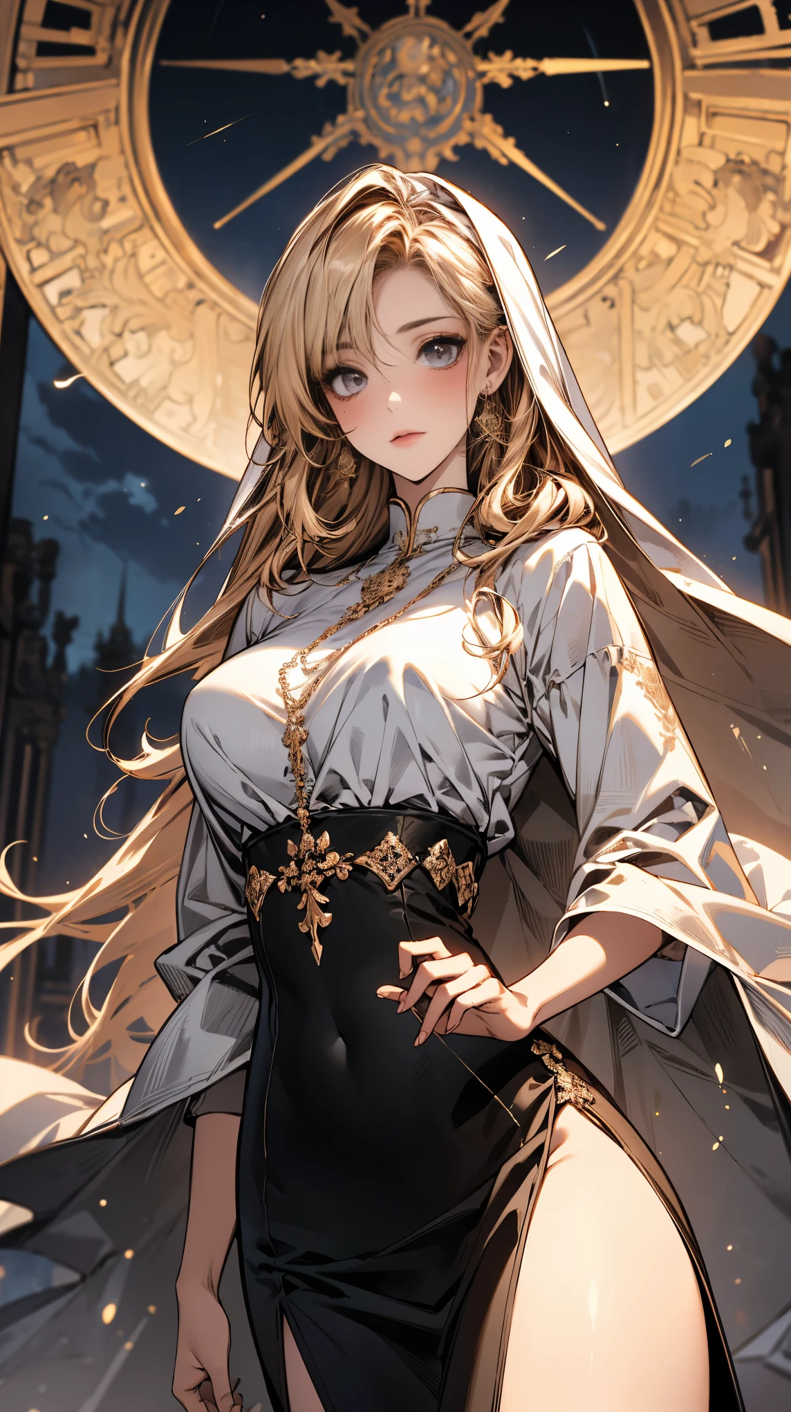 (ultra high resolution, 8K original image, lifelike, thin outline), (movie lighting, Textile shading), (nun&#39;Scarf with gold embellishments:1.3, gold cross jewelry), (巨Big deal??, Breast sagging, Big deal , split), 1 girl, ((knight, milf:1.2)), 20 years old, (OK, long side slit skirt), blush, in hot state, ashamed, looking at the audience, blonde hair, night, Clothes that highlight body lines, (Dynamic angle, from the center below), , 