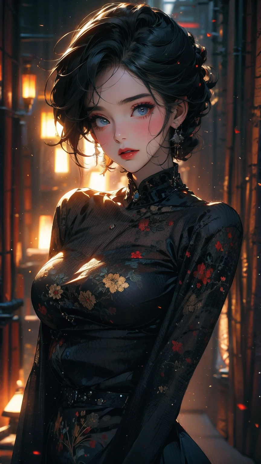 (masterpiece, High resolution, highest quality), ((20 year old woman, Composition from head to stomach, upper body focus)), fashion pose, detailed eyes, Avant-garde makeup, messy short hair:1.2, ash gray hair, blurred background, The deserted backstreets of Cuba:1.3, cinematic lighting, anime style, simple lines, digital painting
