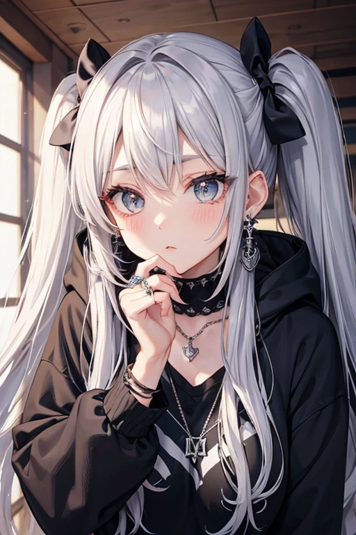 , Huge, twin tails, silver hair, hoodie, vintage gothic, Pause, cute, look up, high quality, necklace, ring, bracelet, earrings