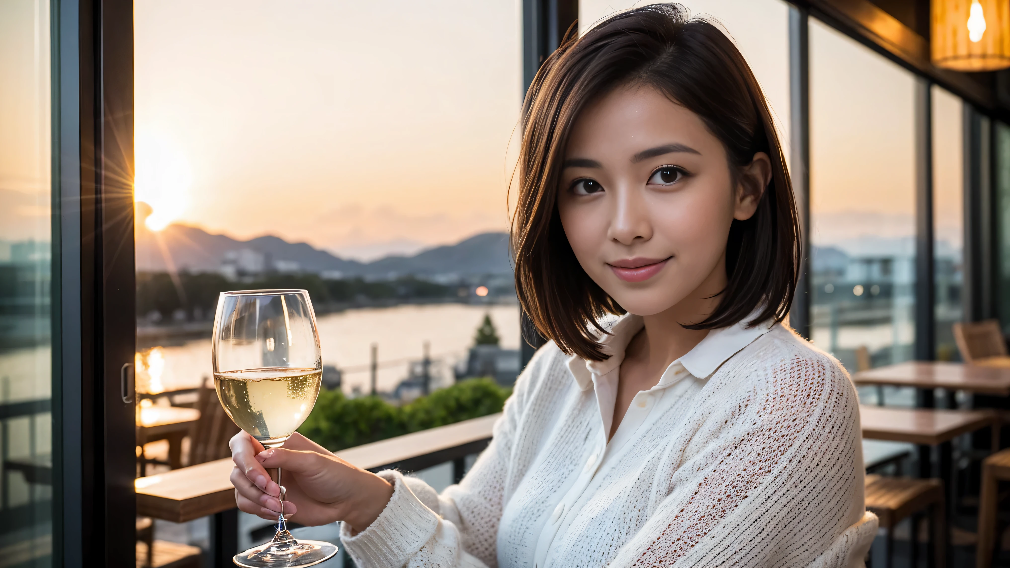 (to be born, highest quality, masterpiece:1.5), (realistic, intricate details:1.2), ultra high resolution, confused,bright image、2 Wine Beauties, beautiful face, blue eyes, fine eyes, symmetrical eyes, light shines on your face, blush your nose, short hair,Spectacular view of the sunset sky and clouds、Amazing mountain views、A bright smile、A lovely woman with a smile、The woman's face is bright、fox face、lady、Wine Party、hors d'oeuvre、Italian food、2 beauties、brown hair、shortcut、long sleeve shirt、winter fashion、dress、Japanese、Englishman、Dutch、German、Belgian、Italian、French,wine bottle、hors d'oeuvre、Champagne、sparkling wine、Pretty Woman 1, (slim face), (Because I'm slender), (brown hair), (shortcut), cheeks turn a little red, (36 years old), 38 years old, attractive beauty、, A beautiful and detailed night view spreads out outside the window.........., restaurant, sitting in a wine glass, At night, in a prominent place (from the waist up) nova frog style, actress, model, Upper body, White wine, slim, wine glass, very beautiful night view, wine glass placed in the middle, Smile, (smile: 1.15), beautiful fine eyes, Depth f/2,saturation, high contrast, strong light and shadow