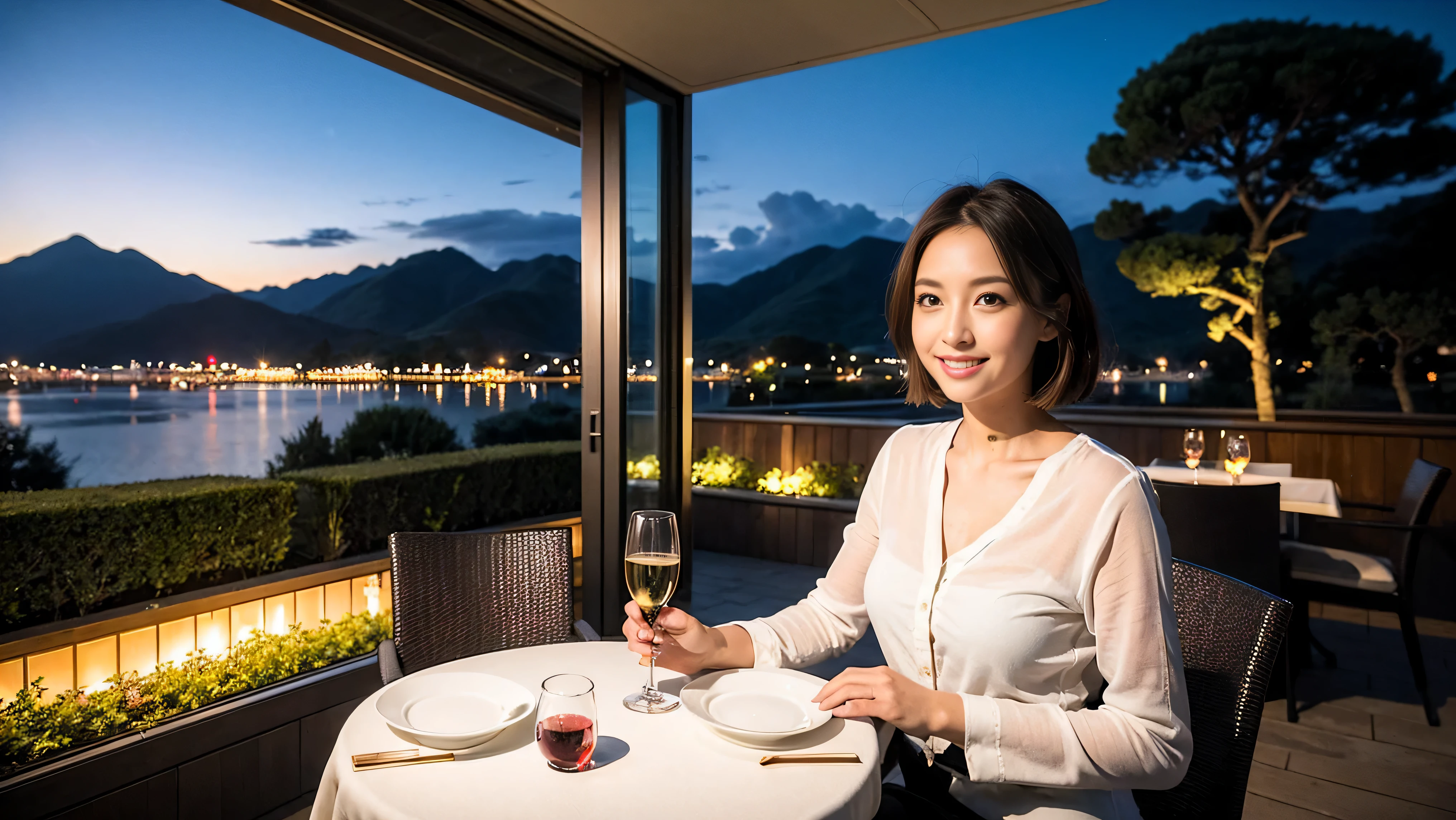 (to be born, highest quality, masterpiece:1.5), (realistic, intricate details:1.2), ultra high resolution, confused,bright image、2 Wine Beauties, beautiful face, blue eyes, fine eyes, symmetrical eyes, light shines on your face, blush your nose, short hair,Spectacular view of the sunset sky and clouds、Amazing mountain views、A bright smile、A lovely woman with a smile、The woman&#39;s face is bright、fox face、lady、Wine Party、hors d'oeuvre、Italian food、2 beauties、brown hair、shortcut、long sleeve shirt、winter fashion、dress、Japanese、Englishman、Dutch、German、Belgian、Italian、French,wine bottle、hors d'oeuvre、Champagne、sparkling wine、Pretty Woman 1, (slim face), (Because I&#39;m slender), (brown hair), (shortcut), cheeks turn a little red, (36 years old), 38 years old, attractive beauty、, A beautiful and detailed night view spreads out outside the window.........., restaurant, sitting in a wine glass, At night, in a prominent place (from the waist up) nova frog style, actress, model, Upper body, White wine, slim, wine glass, very beautiful night view, wine glass placed in the middle, Smile, (smile: 1.15), beautiful fine eyes, Depth f/2,saturation, high contrast, strong light and shadow