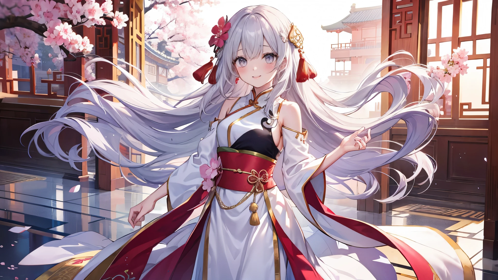 sakura hair，gray eyes，，long hair，Beautiful woman，miss，，China dress，，blush，smile，（destiny）