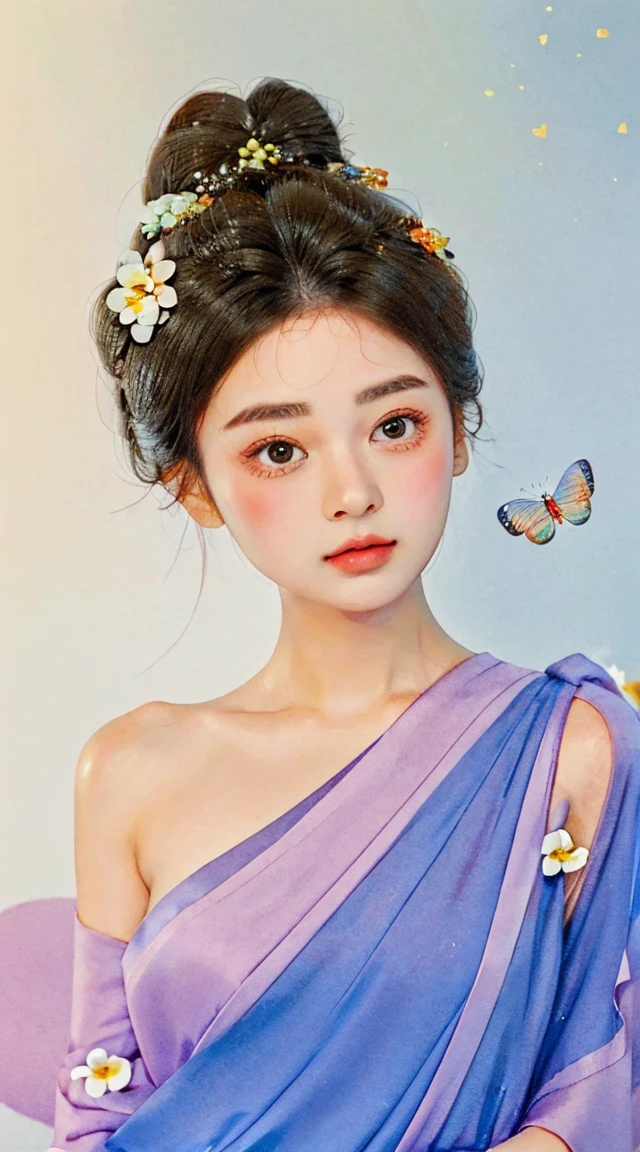 a young woman,whole body,solid color background,black hair,hair accessories,flowers, bun,Butterfly,masterpiece,best quality,best details,Clear beautiful eyes,delicate face,