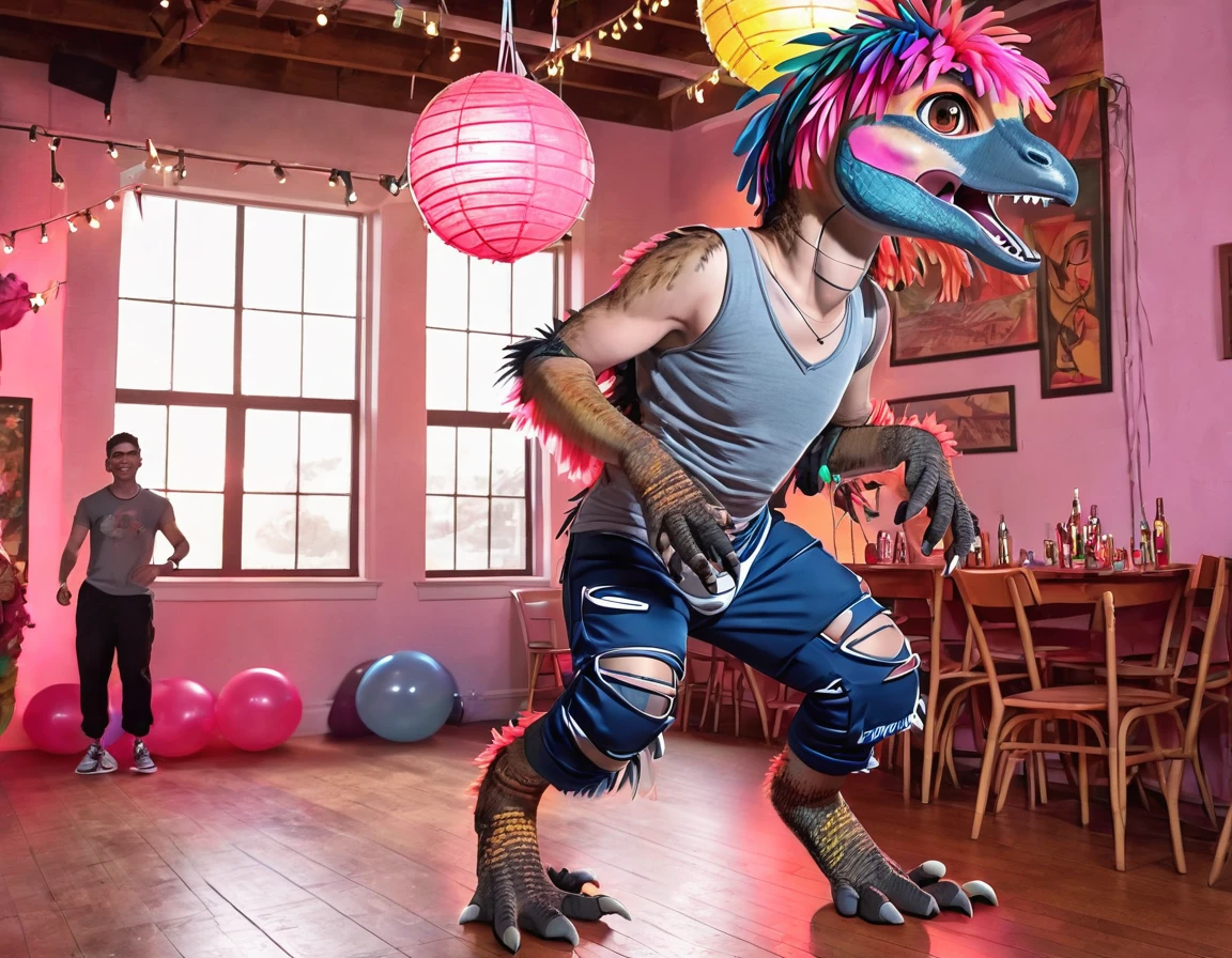 Ultra high resolution, best quality, masterpiece, (involuntary pinata transformation), mid transformation, (a shrunken, terrified, and aroused male human college boy deinonychus velociraptor piñata sexdoll hybrid at college frathouse party:1.9), (upperclassmen gather around in awe to watch you transform:1.65), (shrinking:1.4), (you are hanging suspended in midair from the dorm ceiling by chains attached to your back, wrists, and ankles:1.95), (wearing loose baggy oversized muscle shirt and sweat pants:1.85), (human feathered deinonychus piñata partial hybridization:1.85), (the magic raptor pinata mask morphs and shrinks you into a deinonychus sexdoll piñata:1.6), ((black:1.6) (red:1.45) (pink:1.3) (azul:1.4) (platinum:1.4):2), (part human:1.55), (real life, photorealistic:1.8), (partial feralization:1.7), (NSFW:1.85), (full body profile side view:1.8), (pinata-fication suspension bondage transformation:1.5), shallow depth of field, wide-angle shot, (cartoon style:1.5)