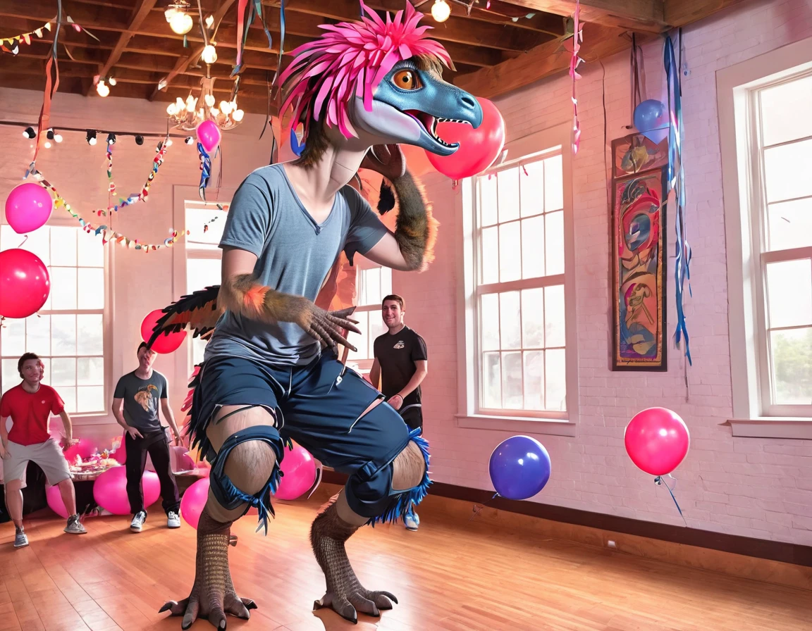 Ultra high resolution, best quality, masterpiece, (involuntary pinata transformation), mid transformation, (a shrunken, terrified, and aroused male human college boy deinonychus velociraptor piñata sexdoll hybrid at college frathouse party:1.9), (upperclassmen gather around in awe to watch you transform:1.65), (shrinking:1.4), (you are hanging suspended in midair from the dorm ceiling by chains attached to your back, wrists, and ankles:1.95), (wearing loose baggy oversized muscle shirt and sweat pants:1.85), (human feathered deinonychus piñata partial hybridization:1.85), (the magic raptor pinata mask morphs and shrinks you into a deinonychus sexdoll piñata:1.6), ((black:1.6) (red:1.45) (pink:1.3) (azul:1.4) (platinum:1.4):2), (part human:1.55), (real life, photorealistic:1.8), (partial feralization:1.7), (NSFW:1.85), (full body profile side view:1.8), (pinata-fication suspension bondage transformation:1.5), shallow depth of field, wide-angle shot, (cartoon style:1.5)