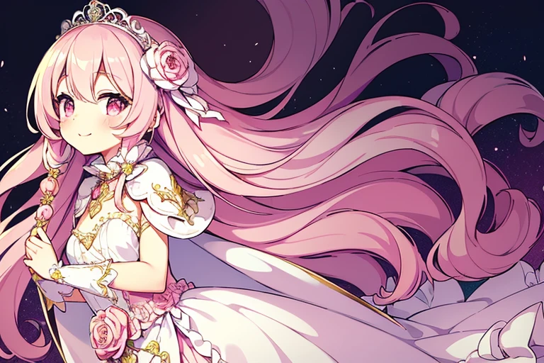 (kawaii),(best quality),(ultra detailed),(rococo style),(long train pastel pink cape:1.15), very long cape,(long train white ball gown with flower decorations:1.1), a girl is wearing a cape over her gown, 1 little princess, tiara, smile, very long hair, small breasts, beautiful detailed eyes, beautiful detailed lips