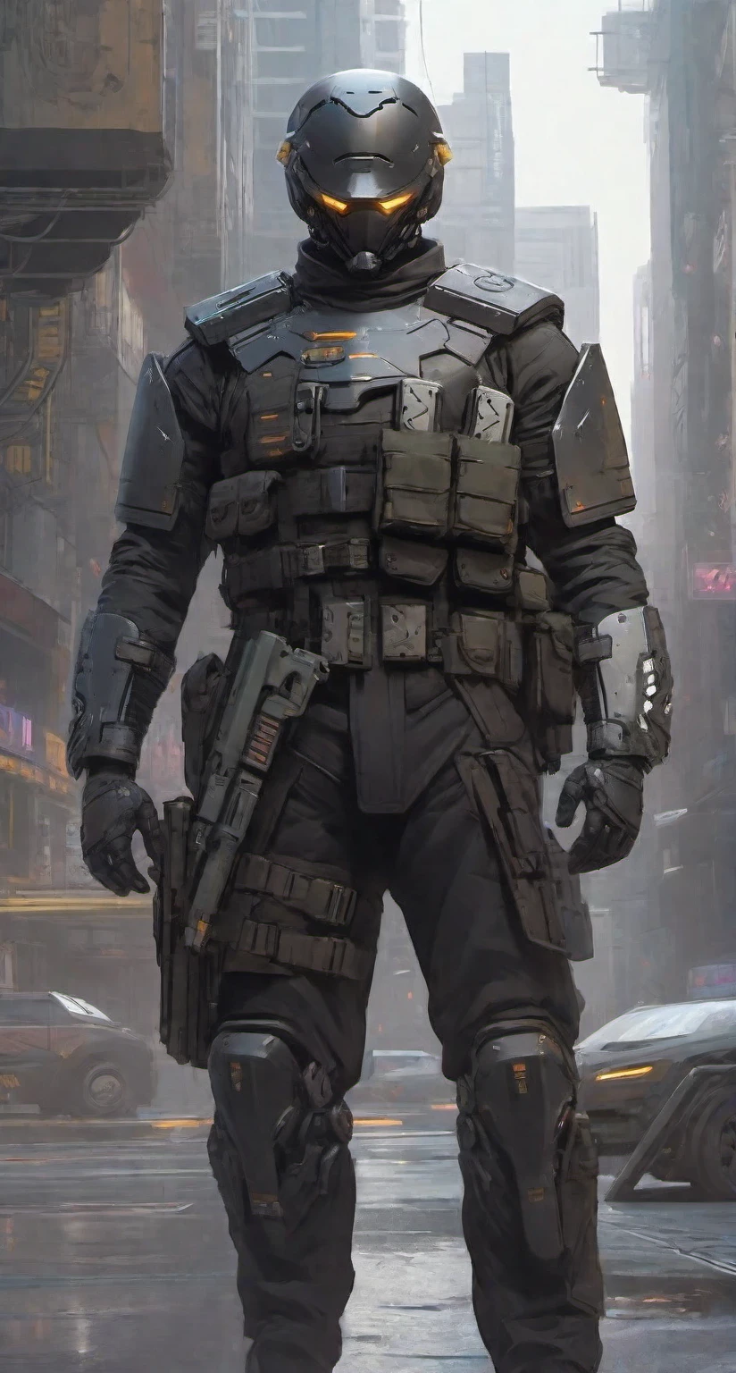 high-res, masterpiece, best quality, Helmet with a tactical armour, Visor, Shoulder pads, Utility belt, Cyberpunk, futuristic, sharpness, cyberpunk city, insta pic, photo of the year, Tactical vest with ammo pouches, A black cape behind him flowing in the wind, Thigh gun holster,