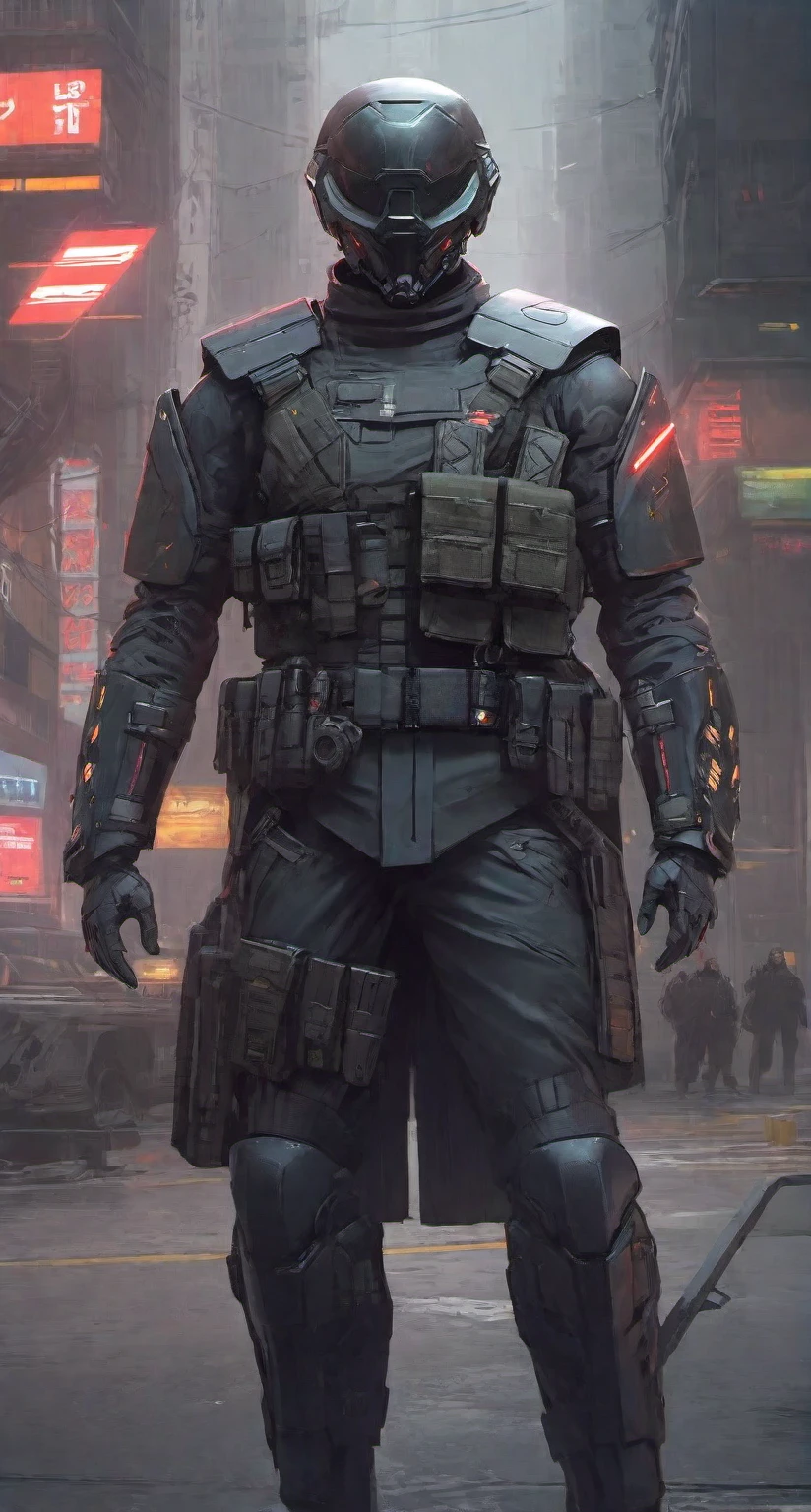 high-res, masterpiece, best quality, Helmet with a tactical armour, Visor, Shoulder pads, Utility belt, Cyberpunk, futuristic, sharpness, cyberpunk city, insta pic, photo of the year, Tactical vest with ammo pouches, A black cape behind him flowing in the wind, Thigh gun holster,