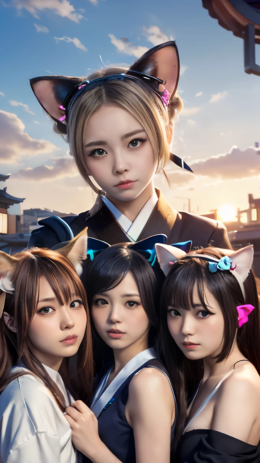 masterpiece, 4k, (multiple girls:1.3), harem, (group photo:1.4), Beautiful high school girl, (Japanese idle:1.6), (cat ears:1.4), sundown, train station, close up,