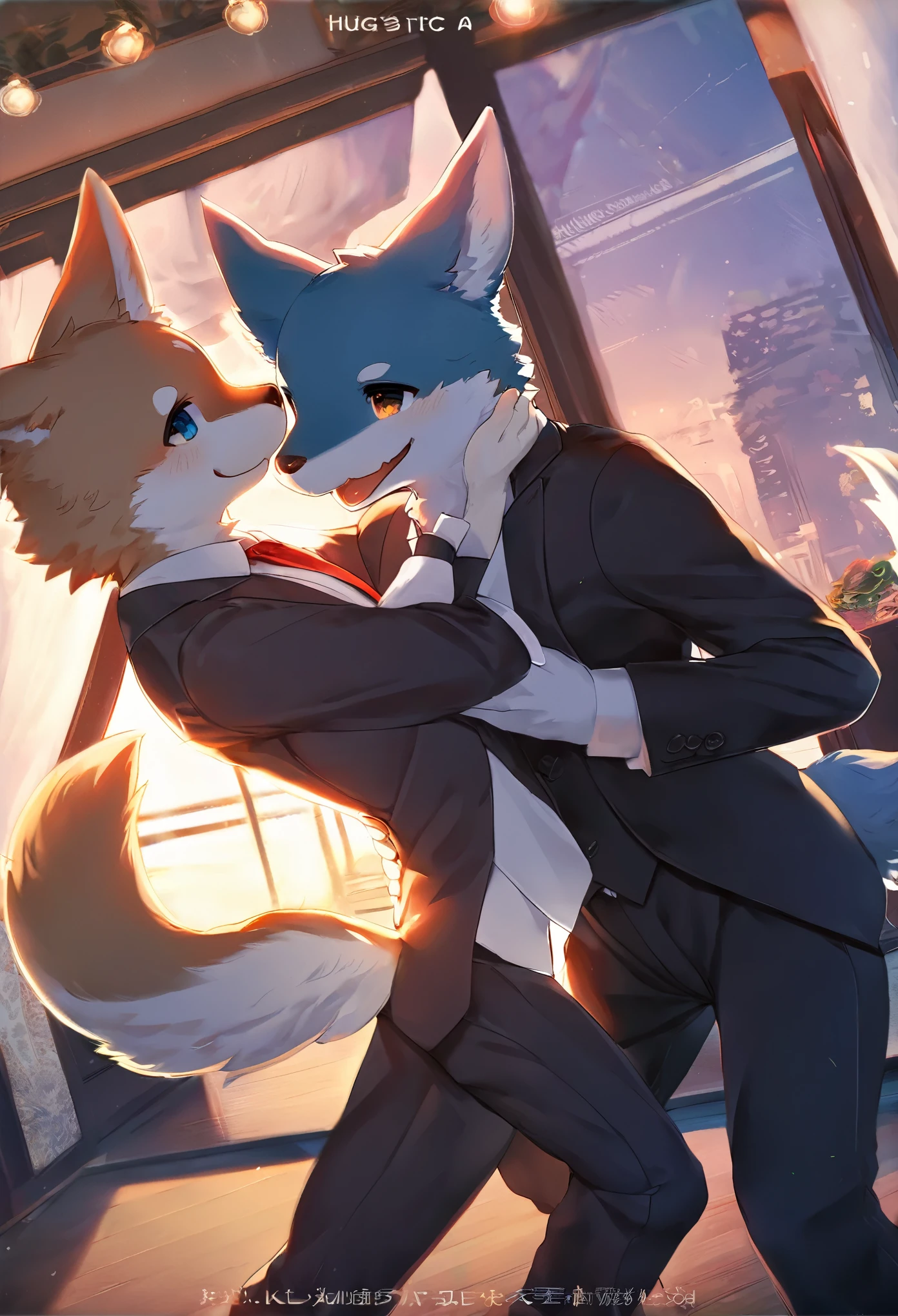 cover page, highres, top quality, best quality, paid reward available, unparalleled masterpiece, perfect artwork, absurdres, High-quality illustrations, super high resolution, detailed background, perfect anatomy(handsome 2boy, kemono, suits, furry anthro, Furry body, dog facial features, dog body features)standing, dancing, hugs, smile, happy, cinematic lighting,