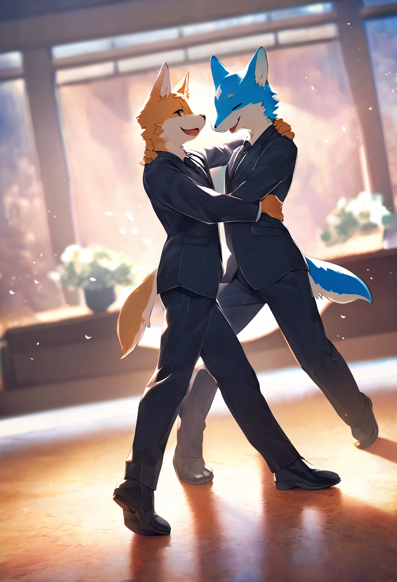 cover page, highres, top quality, best quality, paid reward available, unparalleled masterpiece, perfect artwork, absurdres, High-quality illustrations, super high resolution, detailed background, perfect anatomy(handsome 2boy, kemono, suits, furry anthro, Furry body, dog facial features, dog body features)standing, dancing, hugs, smile, happy, cinematic lighting,