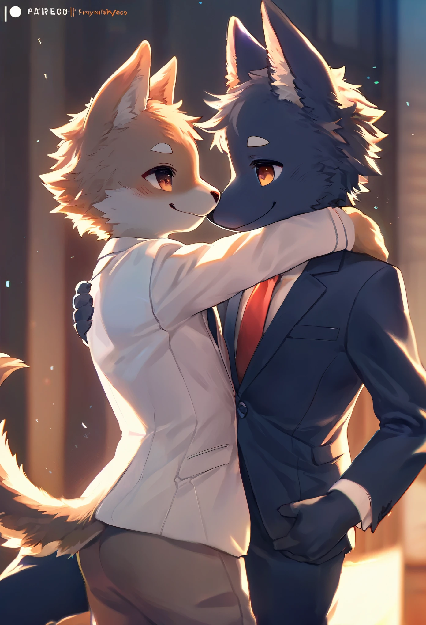 cover page, highres, top quality, best quality, paid reward available, unparalleled masterpiece, perfect artwork, absurdres, High-quality illustrations, super high resolution, detailed background, perfect anatomy(handsome 2boy, kemono, suits, furry anthro, Furry body, dog facial features, dog body features)standing, dancing, hugs, smile, happy, cinematic lighting,