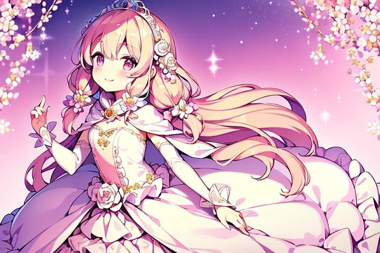 (kawaii),(best quality),(ultra detailed),(rococo style),(long train pastel pink cape:1.15), very long cape,(long train white ball gown with flower decorations:1.1), a girl is wearing a cape over her gown, 1 little princess, tiara, smile, very long hair, small breasts, beautiful detailed eyes, beautiful detailed lips