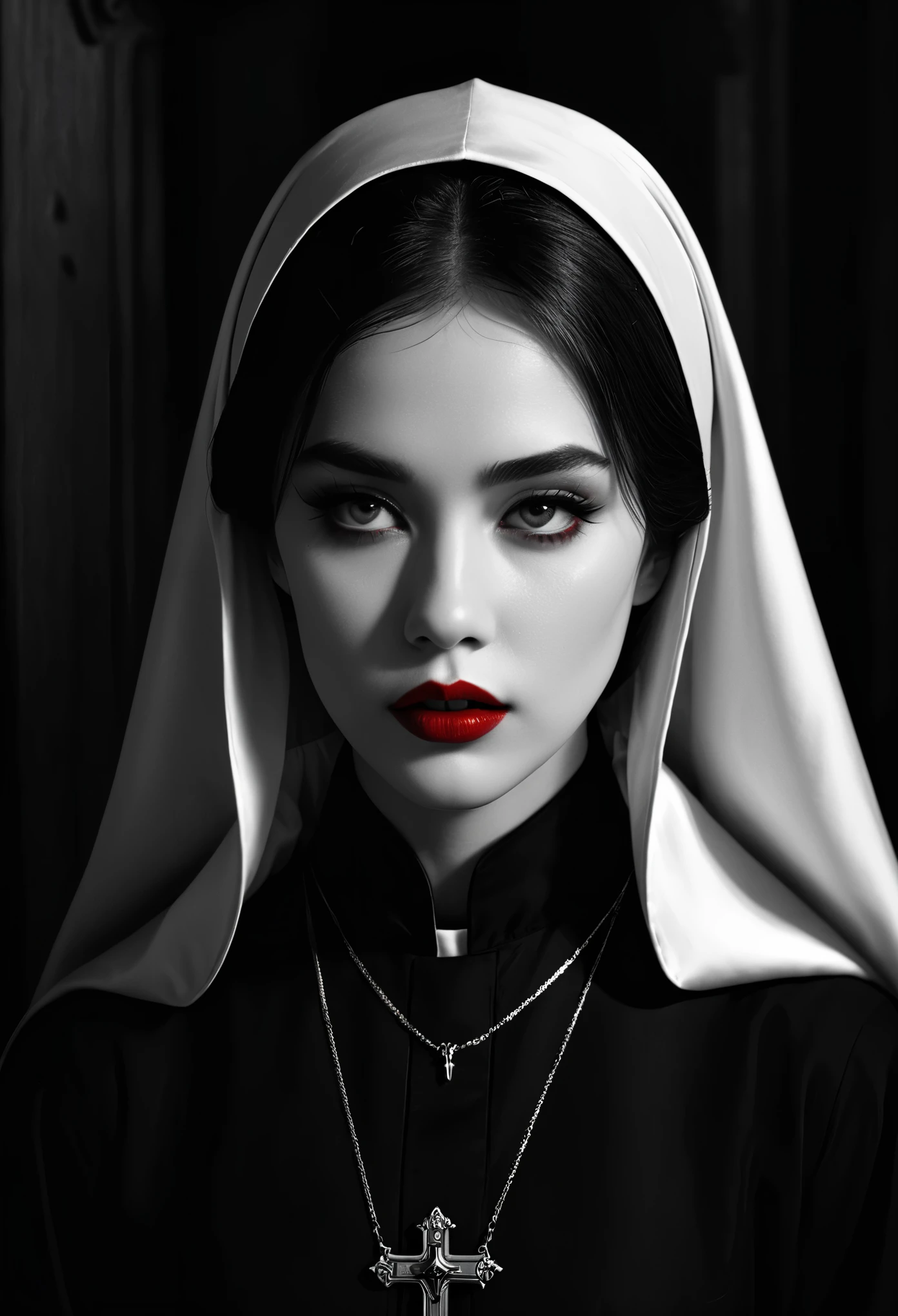 (masterpiece, top quality, 8k, best quality, official art, beautiful and aesthetic:1.2), closed church, Sisters' robes, ,description of a nun, fear, Gothic, Red accent on black and white, red lips, 수녀뒤에 서있는 검은 devil 형상, devil, The Exorcist