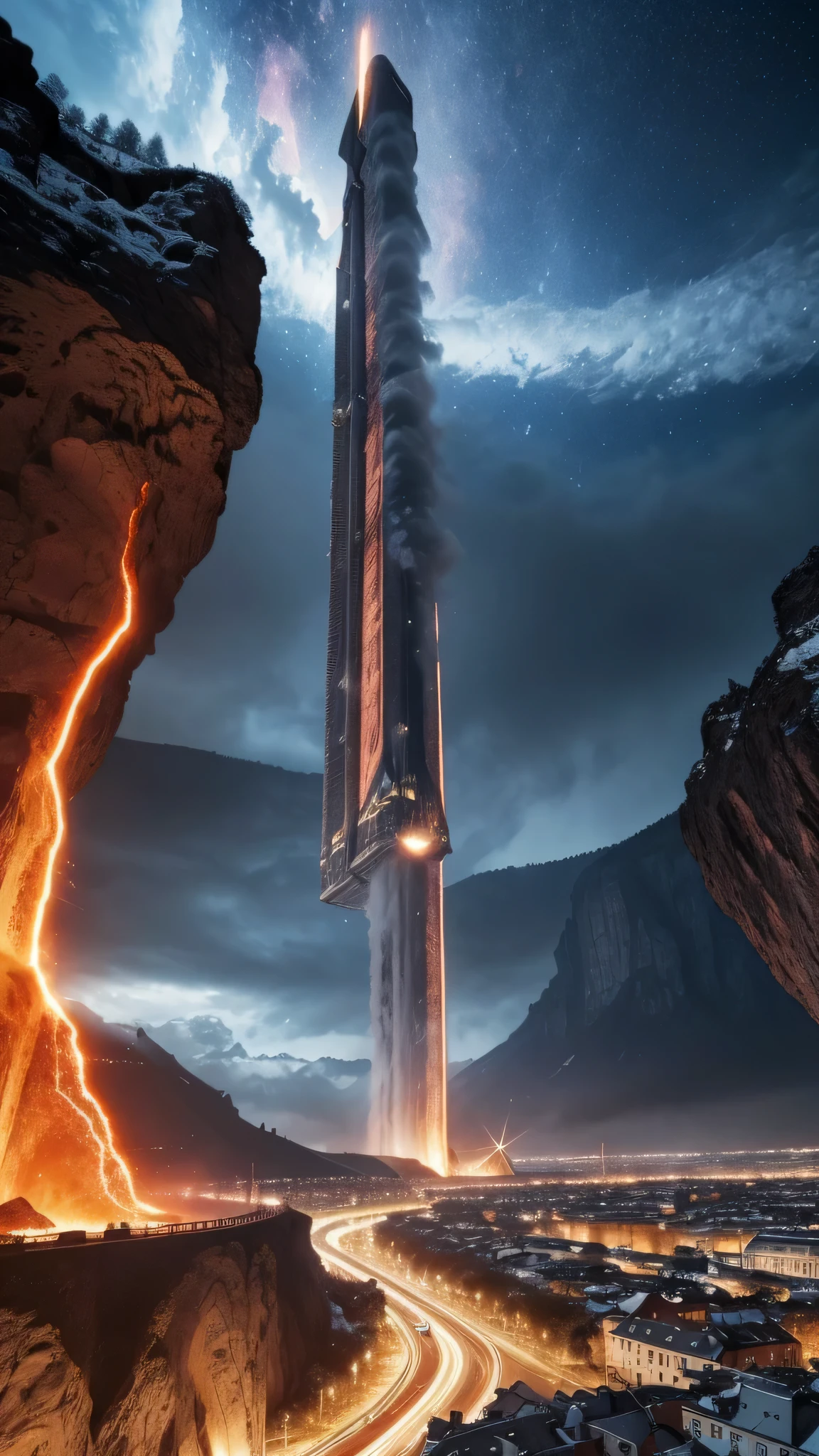 altes verlassenes orangefarbenes Raumschiff, das im offenen Raum schwebt, mit einem schwarzen Loch, das Nebel und Galaxien im Hintergrund verschlingt,Riss in der Raumzeit, der undenkbare Szenen aus alternativen Welten zeigt,LightningMagicAI,FireMagicAI,IceMagicAI,Rivers of lava,aktiver Vulkan,kollidierende Supernova,explodierender Mond,Quadrantensymmetrie,fraktale Expansion,Wurmloch,in die Unendlichkeit starrend als elementare Energie,Energie ist,(over the futuristic city during rush hour with flying cars:1.1),(Space elevators:1.1),Balkentransport,hyper taxis, kosmische Starhlung, inspired by “Celestial Dreams”.,', which combines cosmic images and dreamy landscapes to create a surreal masterpiece, symmetrisch