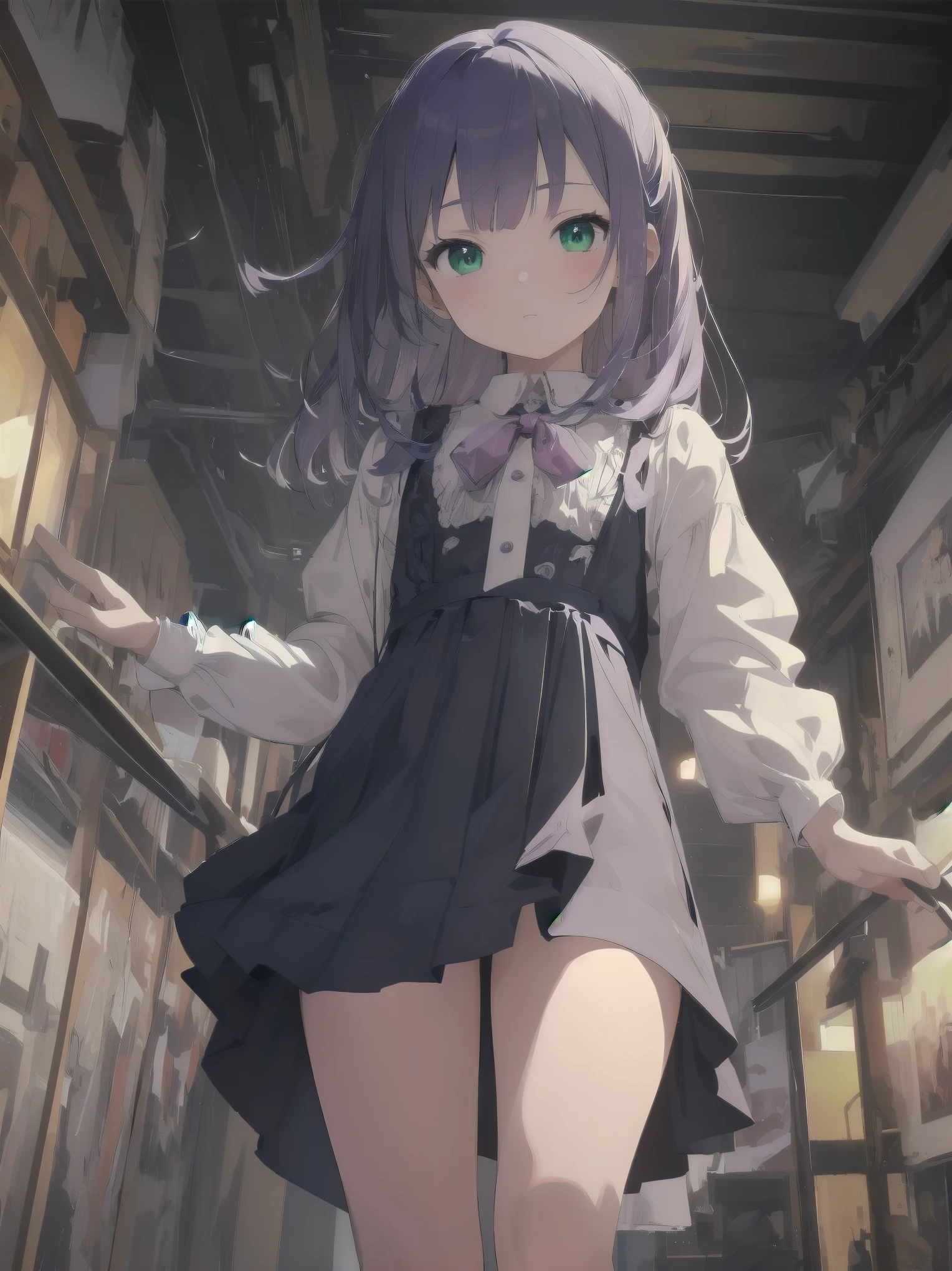 best quality, ultra-detailed, masterpiece,finely detail, high res, 8k wallpaper, best quality, highres, looking up from below, ((a girl, 8years old, )), bottomless, lift up skirt, casual dress, blush, crowded room,, BREAK (masterpiece:1.2), (illustration:0.8), extremely detailed face, perfect lighting, extremely detailed CG, (perfect hands, perfect anatomy), (masterpiece, best_quality, ultra-detailed, immaculate:1.3), epic, illustration, render,
.,Blue-purple hair, green eyes,