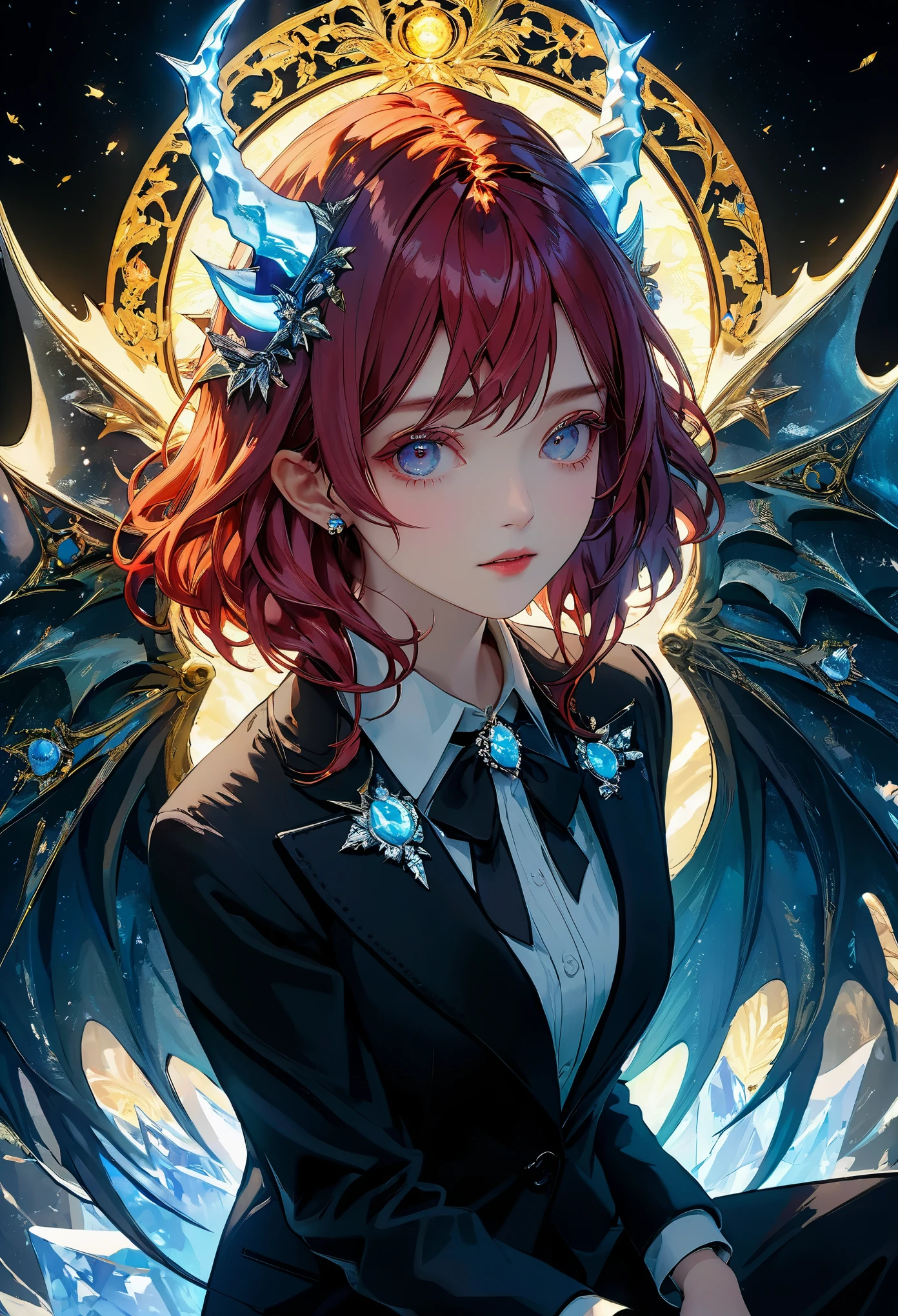 epic-Ultra-HD-details, epic-Ultra-HD-highlights, anime-upscaled-resolution, source_kawaii, lit, cutesie))),(realistic, photo-realistic:1.37), precise and realistic hair:1.1), beautiful detailed eyes, extremely detailed eyes and face, awardwinning, amazing details, super detail, best quality, 1080P, 8k, masterpiece,1girl, asymmetrical bangs, (Exquisite business suit:1.5), red hair, Glowing, eyes, (ice devil horns:1.5), devil tail, Black Halo, Sitting on the Iron Throne, arm support, light particles, dark sky, dark sun gwyndolin, Black and white pupil, mismatched pupils, Surrealism, rococo style, Abstract expressionism, cinematic lighting, god rays, scanlines, outside border, polar opposites, wide shot, vanishing point, Ultra-Wide Angle, 35mm, Sony FE GM