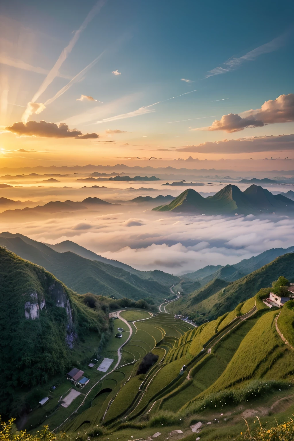 An intriguing picture with the shimmering sunset light illuminating Ba Vi Mountain, located near Hanoi. The captivating and romantic scenery of Ba Vi's peaks will immerse you in a tranquil space amidst the lush green nature.