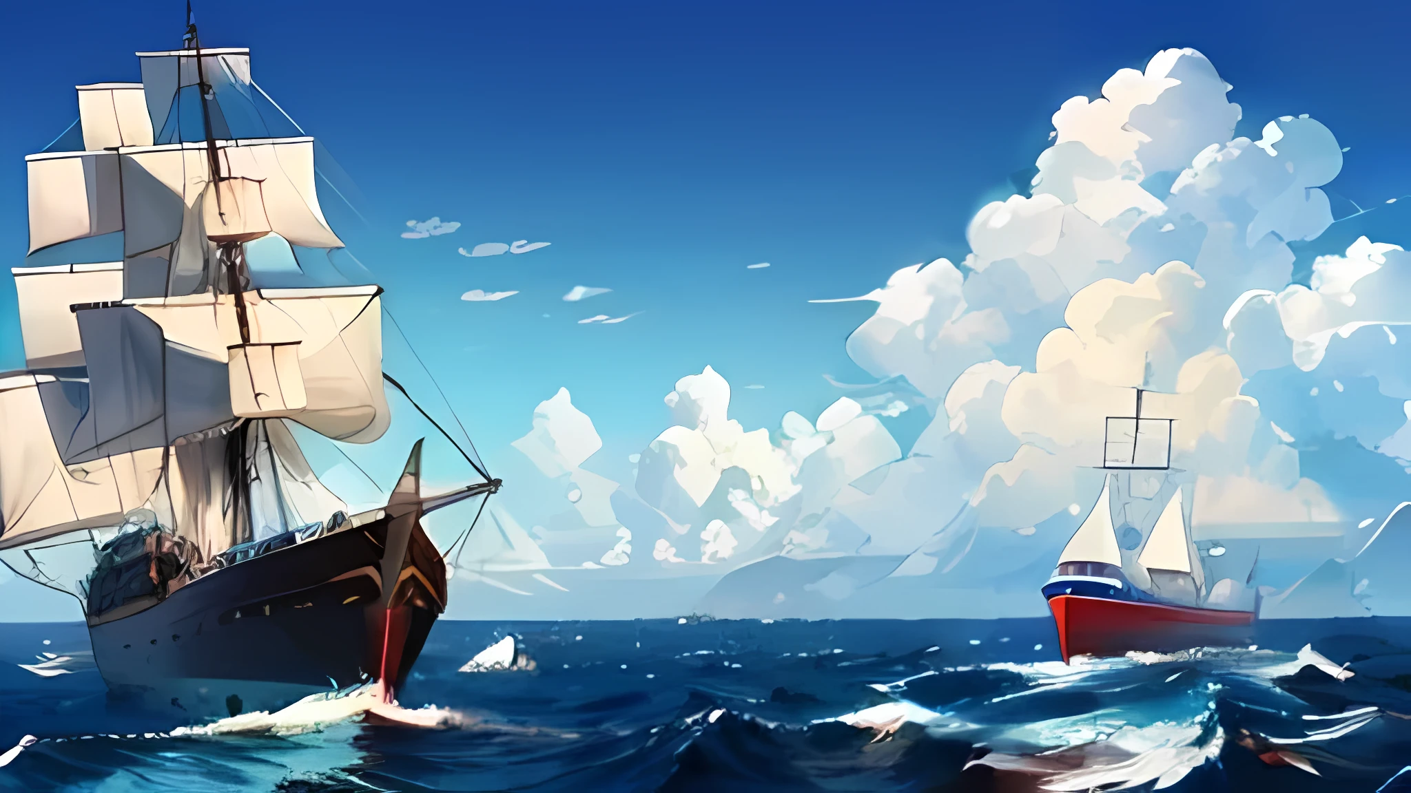 (A medium-sized scientific research ship:1.2) from right to left and an ancient warship from left to right,meet,Drive from both sides to the middle,sea surface,Blue sky and white clouds,A faint fog