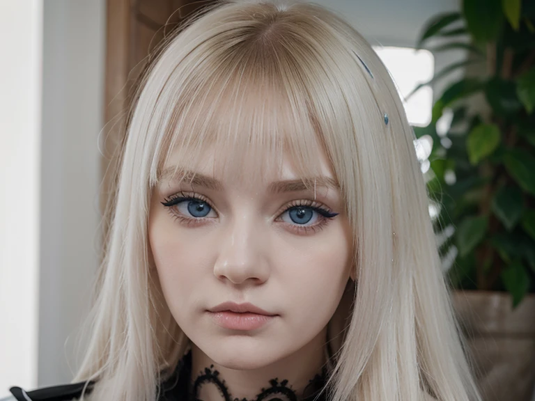 A Russian girl with pale skin, ojos amarillos y cabello negro largo con flequillo abrazando a otra chica rusa de piel blanca rubia con dos coletas y ojos azules.