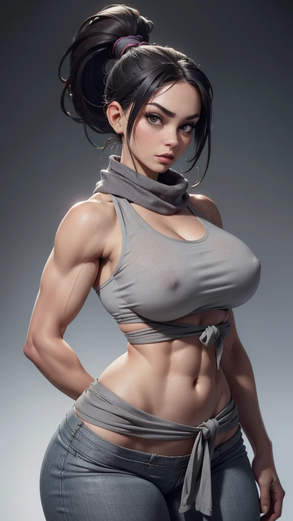 a woman standing, image of a stunningly beautiful woman, messy grey ponytail hairstyle, she is wearing a transparent tank top, she is wearing a long scarf tied on her lower waist, looking at viewer, ((she is hyper realistic realism)), (((huge body, huge breasts, huge waist, huge body,)))